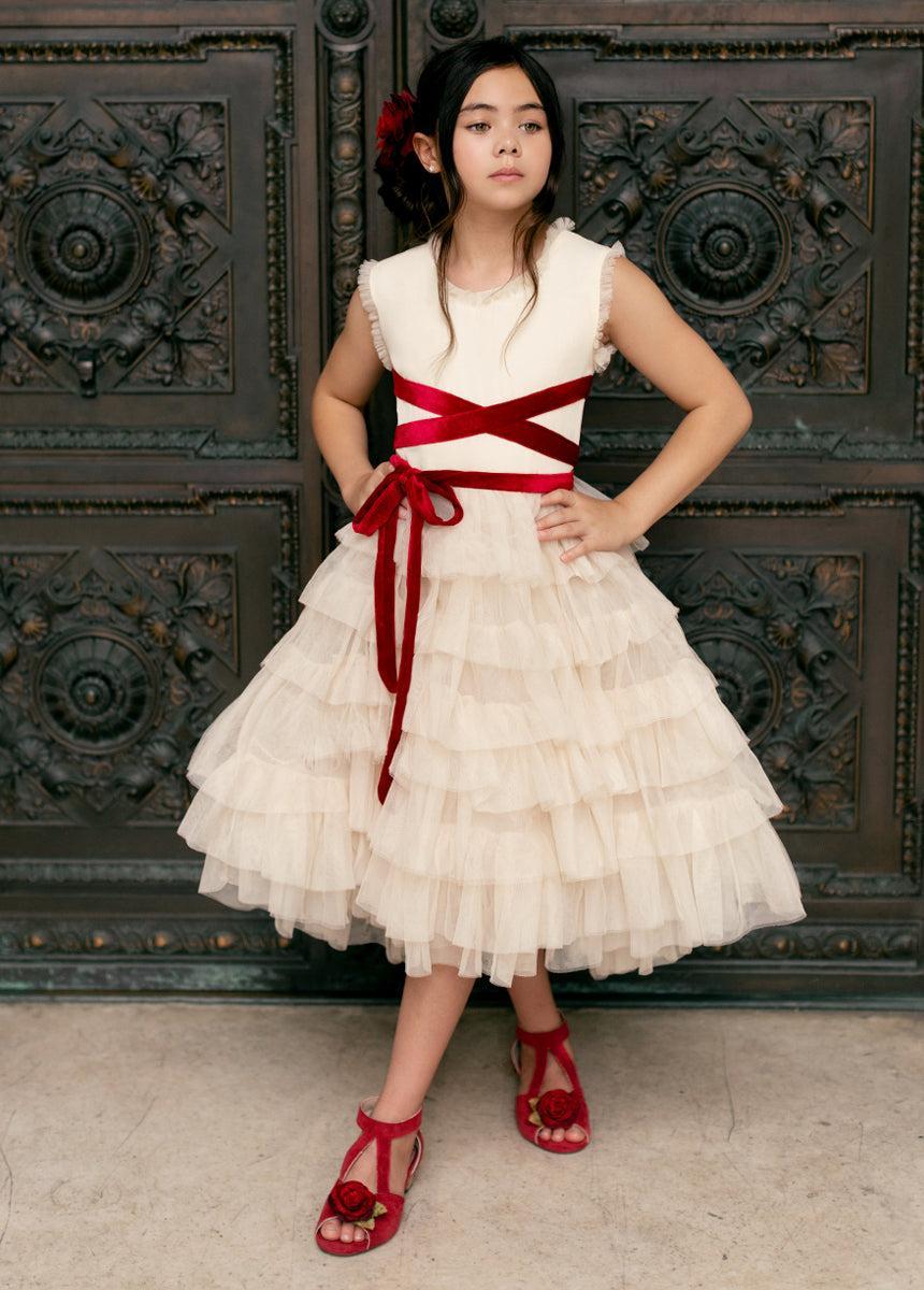Geneva Petticoat Dress in Cream & Scarlet Girls Product Image