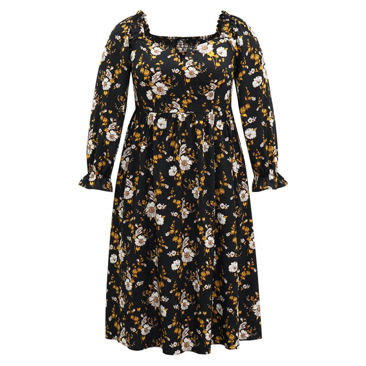 Plus Size Floral Print Notched Frill Trim Gathered Shirred Dress Black Women Vacation Gathered Notched collar Long Sleeve Curvy Midi Dress BloomChic 18-20/2X Product Image