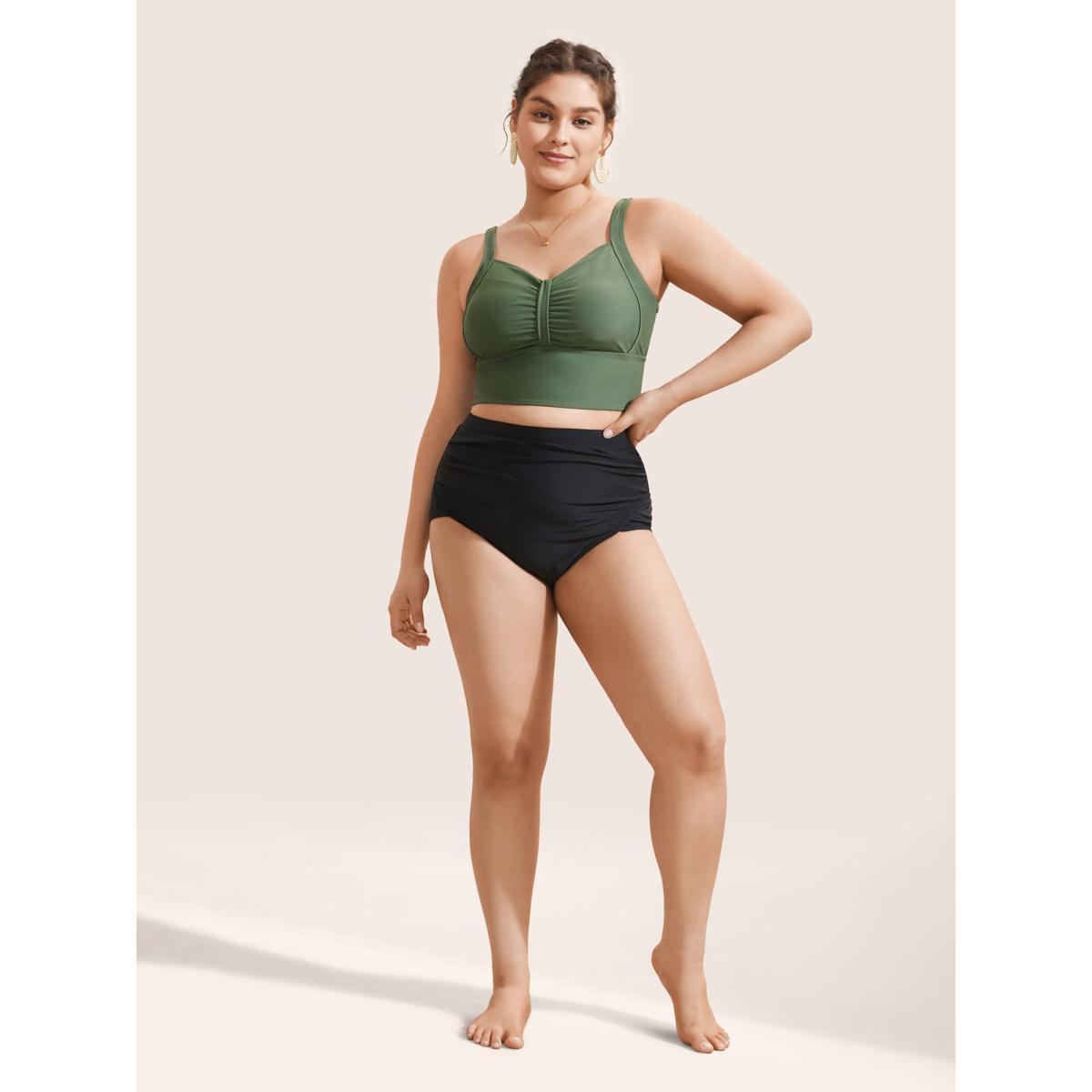 Plus Size Plain Patchwork Ruched Adjustable Straps Swim Top Women's Swimwear ArmyGreen Beach Non High stretch Skinny Heart neckline Curve Swim Tops BloomChic 10/M Product Image