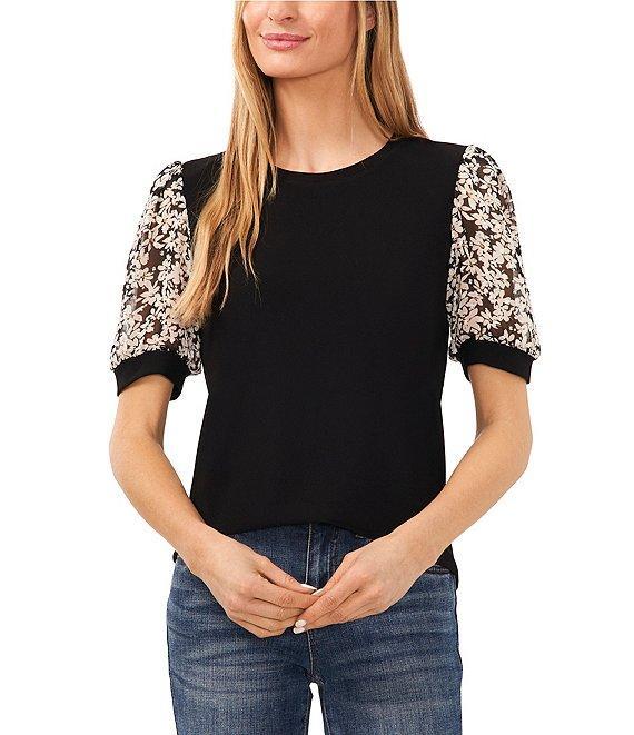 CeCe Mixed Media Floral Print Round Neck Short Puff Sleeve Tee Product Image