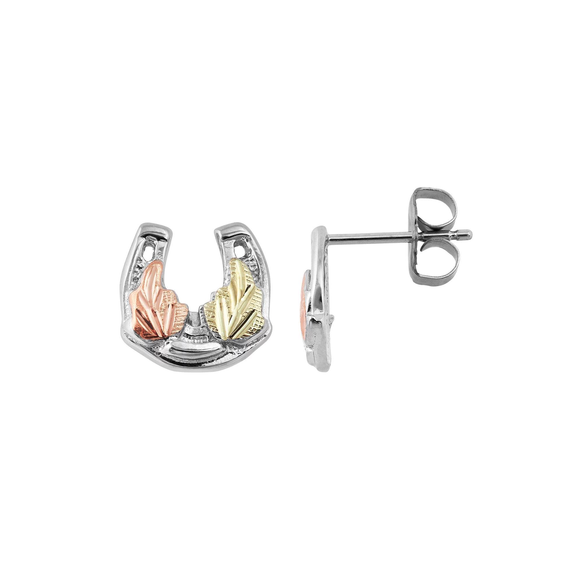 Black Hills Gold Tri Tone Leaf Horseshoe Stud Earrings in Sterling Silver, Women's Product Image