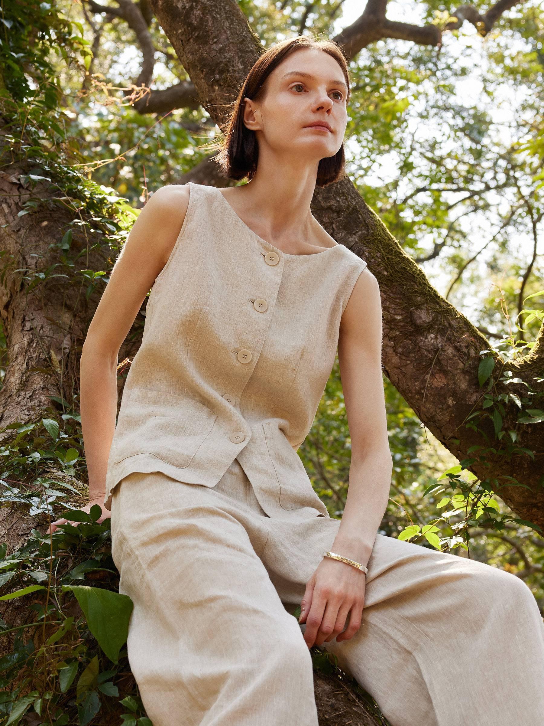 100% Linen Vest And Pants Two-Piece Set Product Image