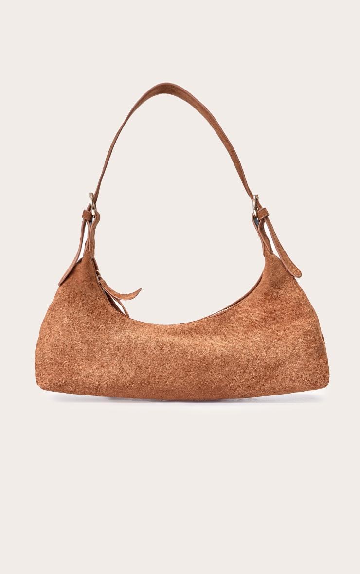 Tan Suede Elongated Curved Shoulder Bag Product Image