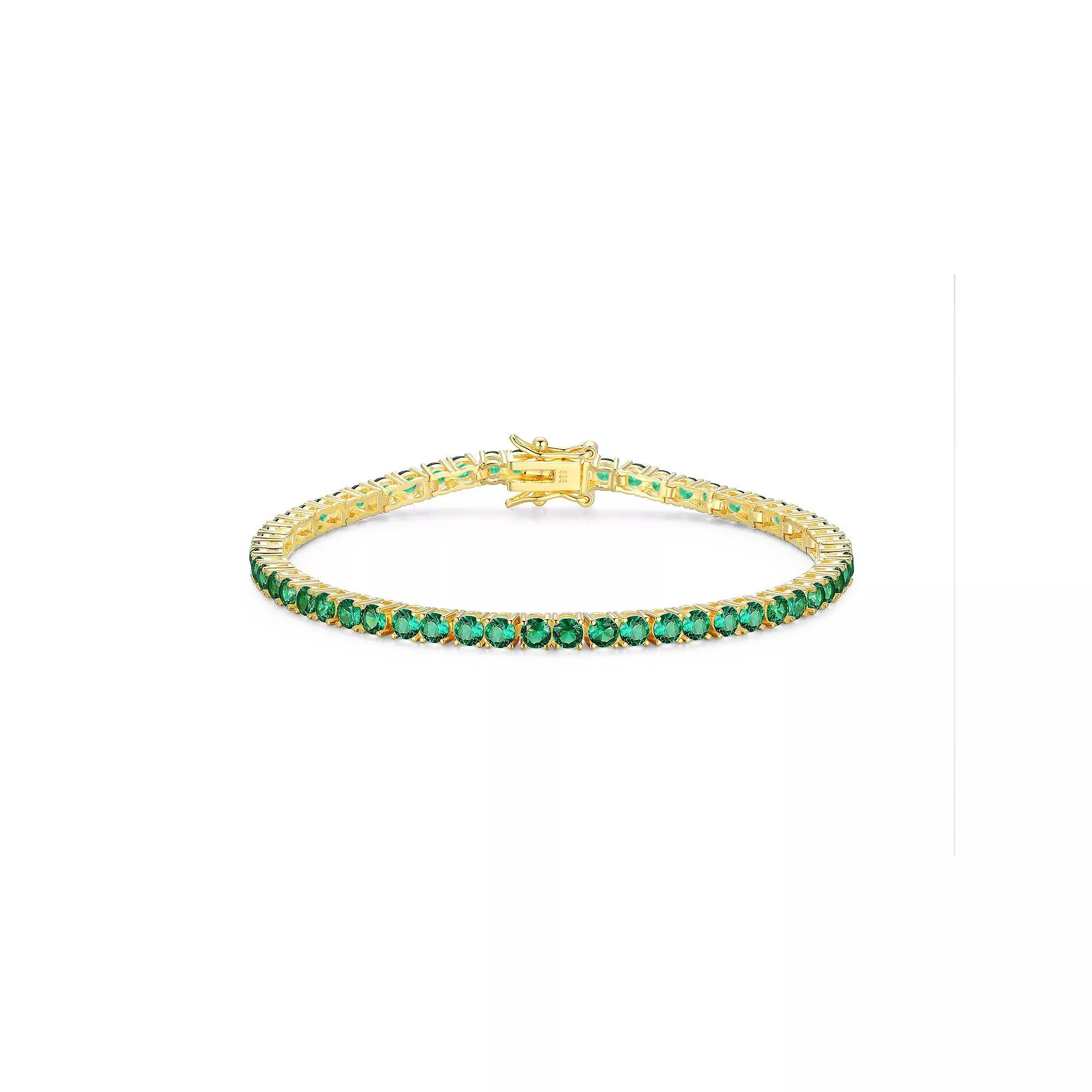 18k Gold over Silver Birthstone Tennis Bracelet, Women's, Size: 7.25", Synthetic Green May Product Image