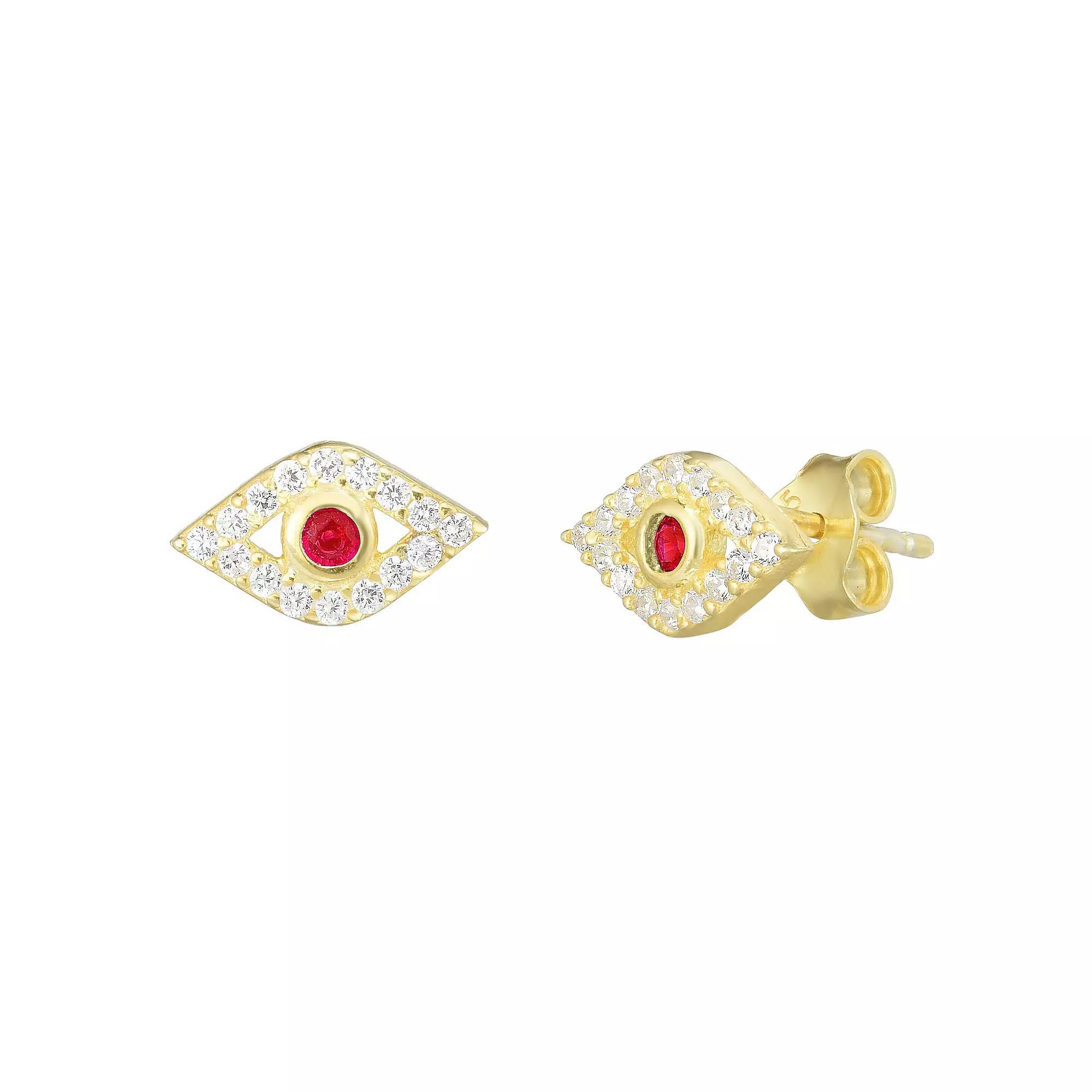 Sunkissed Sterling 14k Gold Over Silver Cubic Zirconia Eye Stud Earrings, Womens, Gold Tone Red Product Image