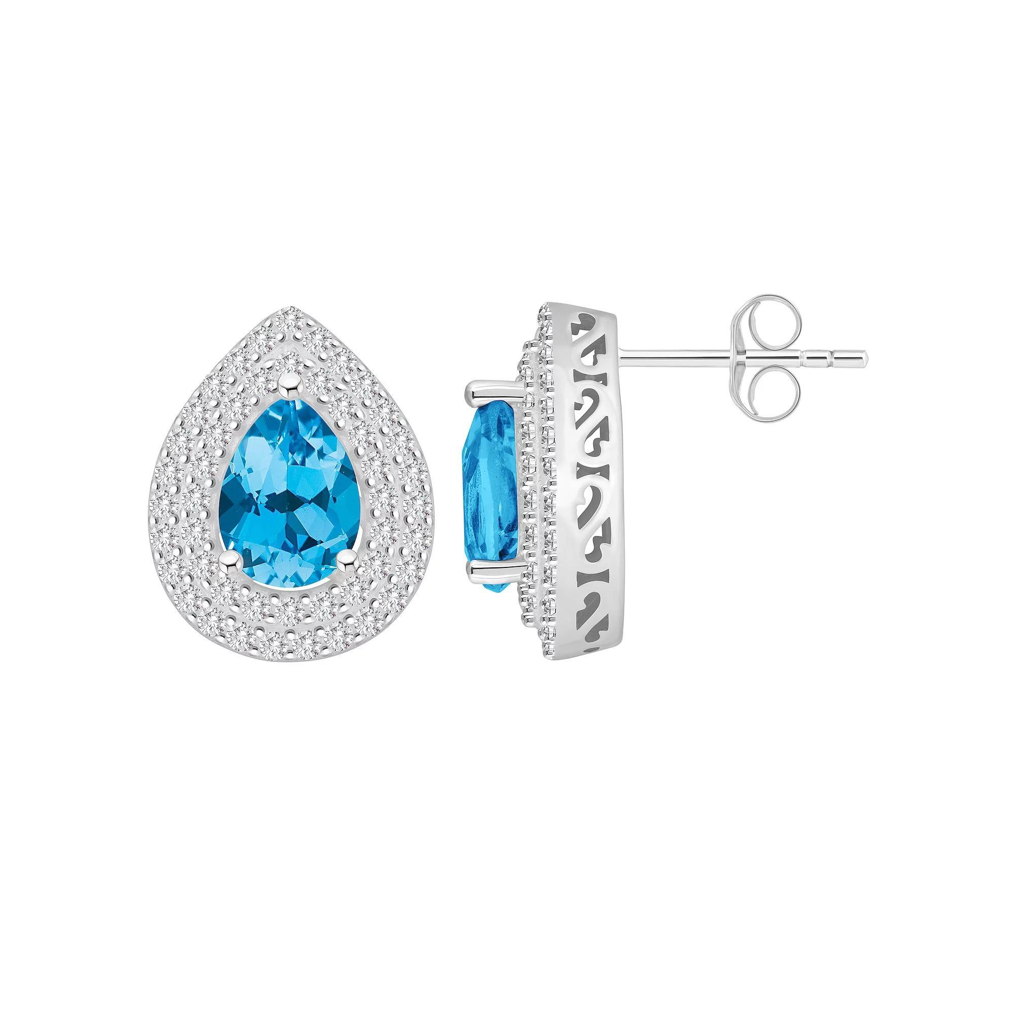 Celebration Gems Sterling Silver Teardrop Swiss Blue Topaz & White Topaz Double Halo Stud Earrings, Women's Product Image