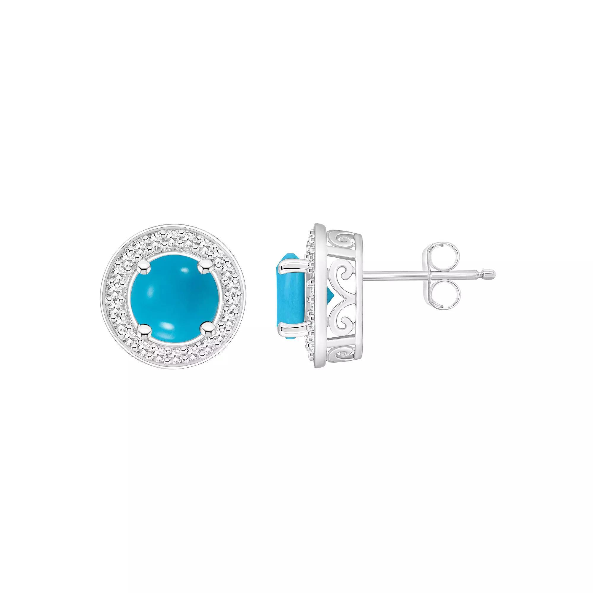 Celebration Gems Sterling Silver Round Gemstone & 1/5 Carat T.W. Diamond Halo Stud Earrings, Womens, Turquoise Product Image