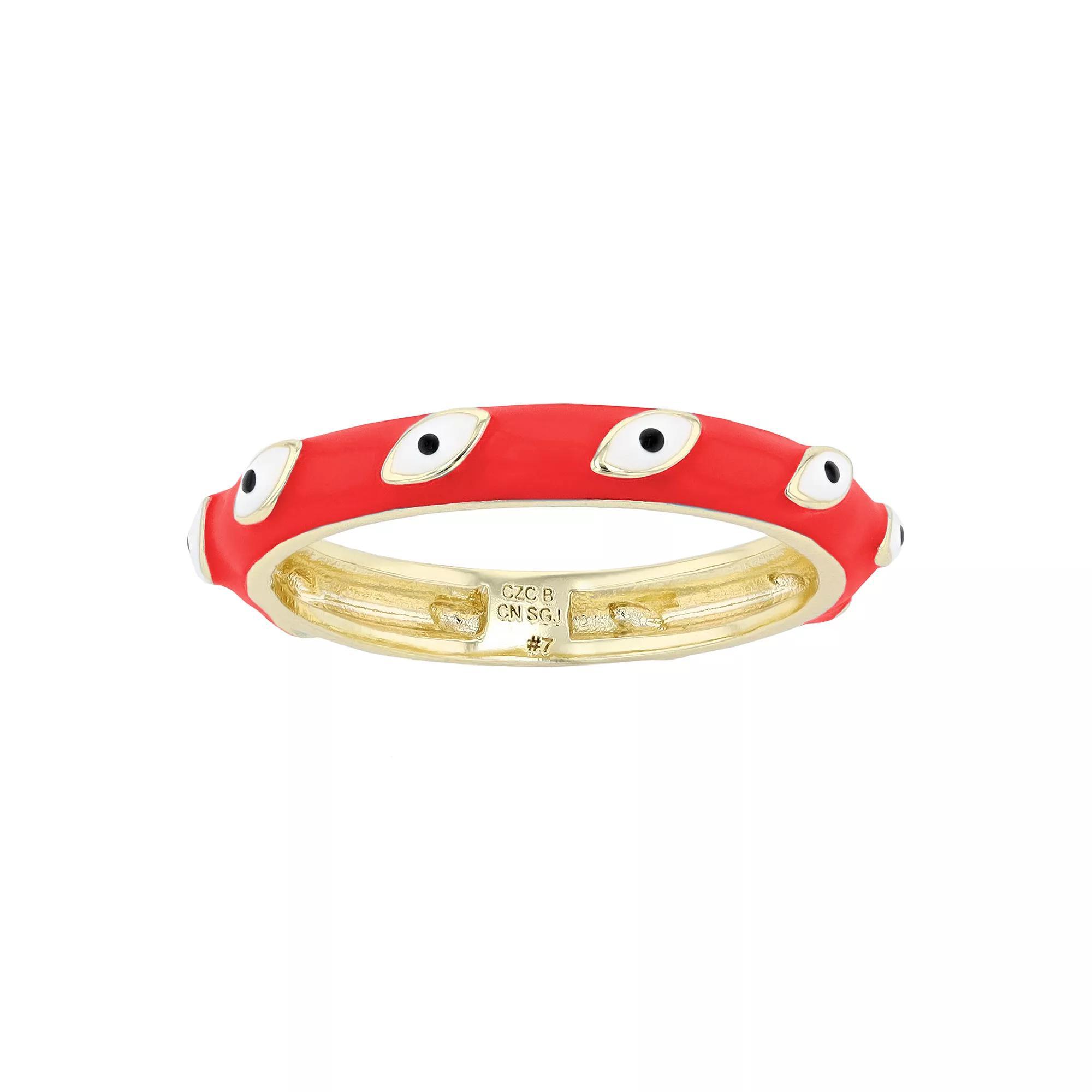 14k Yellow Gold Plated White Evil Eye Enamel Slim Band Ring, Womens Gold Tone Red Product Image