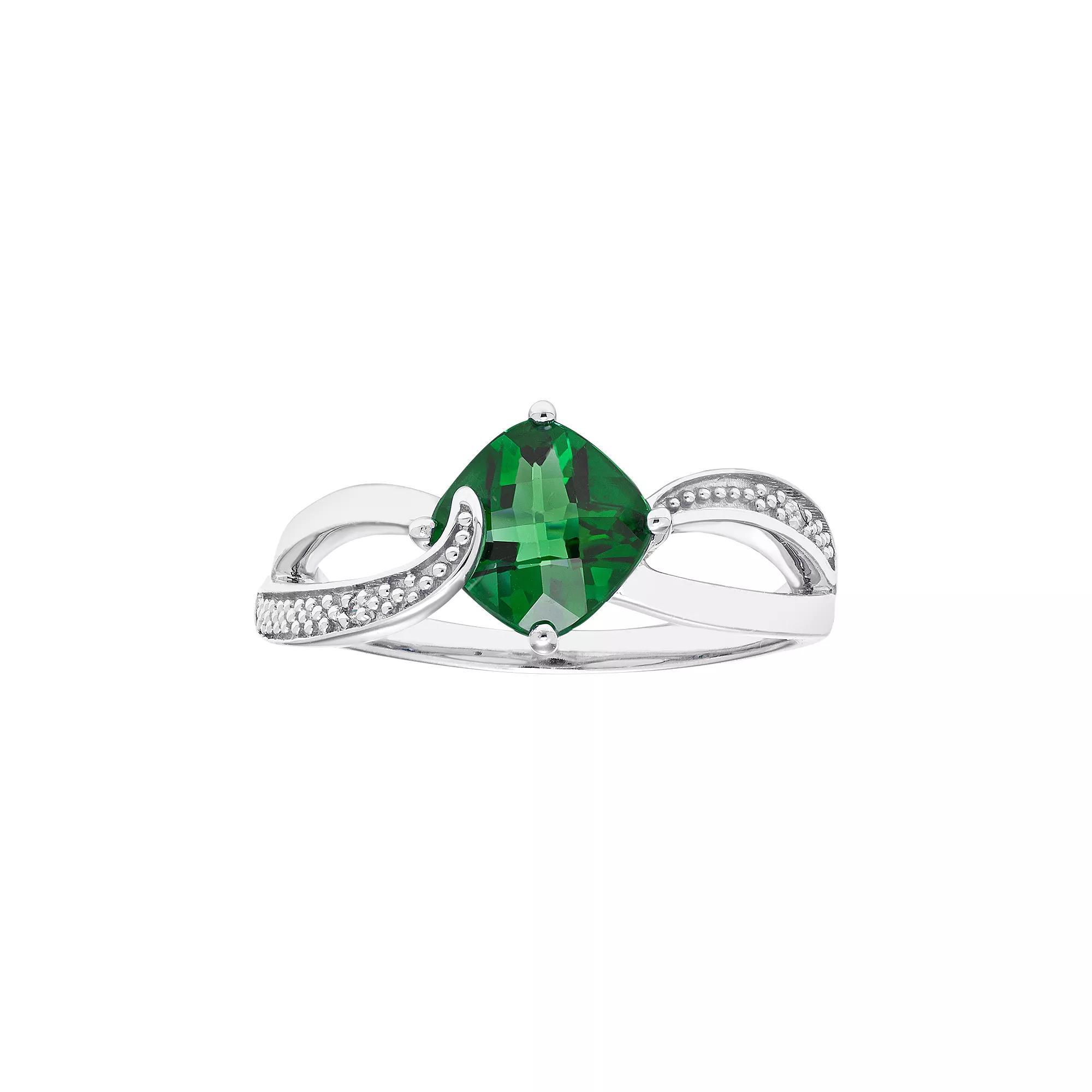 Sterling Silver Lab Created Emerald & Diamond Accent Cushion Bypass Ring, Womens Green Product Image