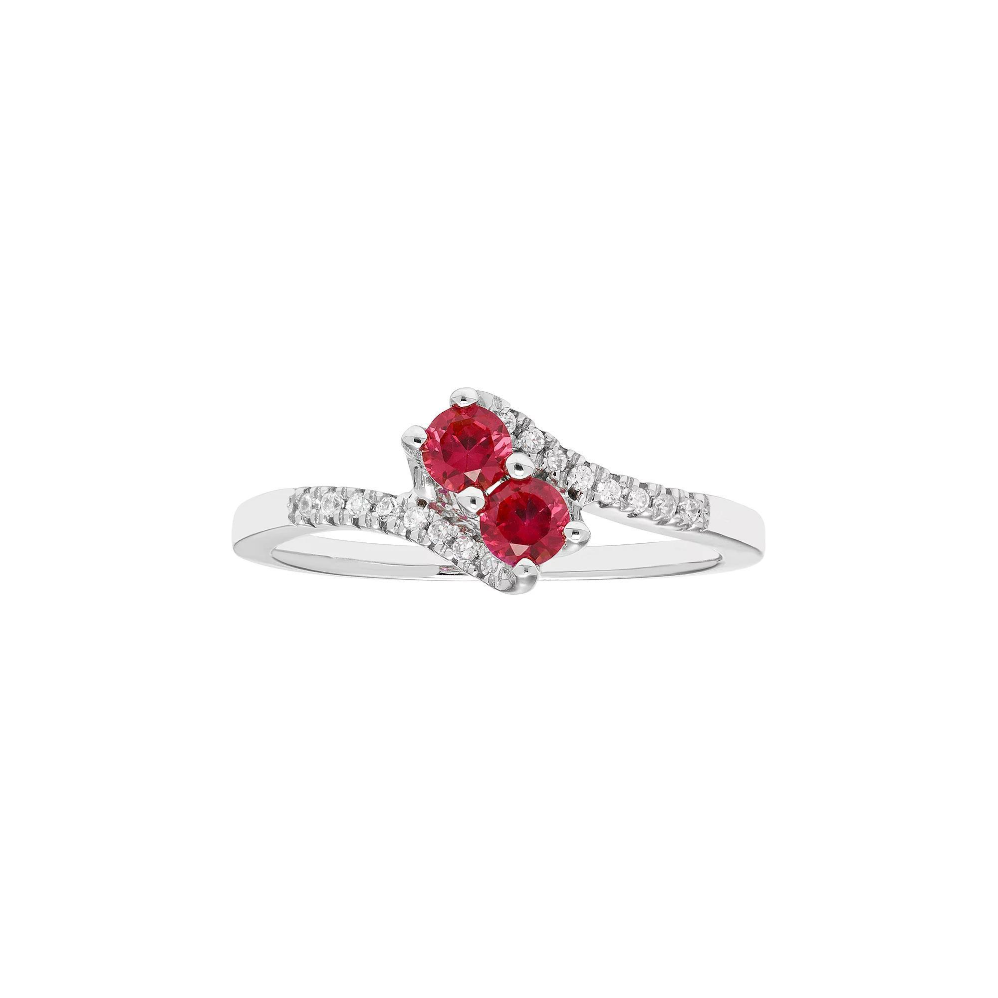 Sterling Silver Lab Created Ruby Two Stone & Diamond Accent Bypass Ring, Women's, Size: 7, Red Product Image