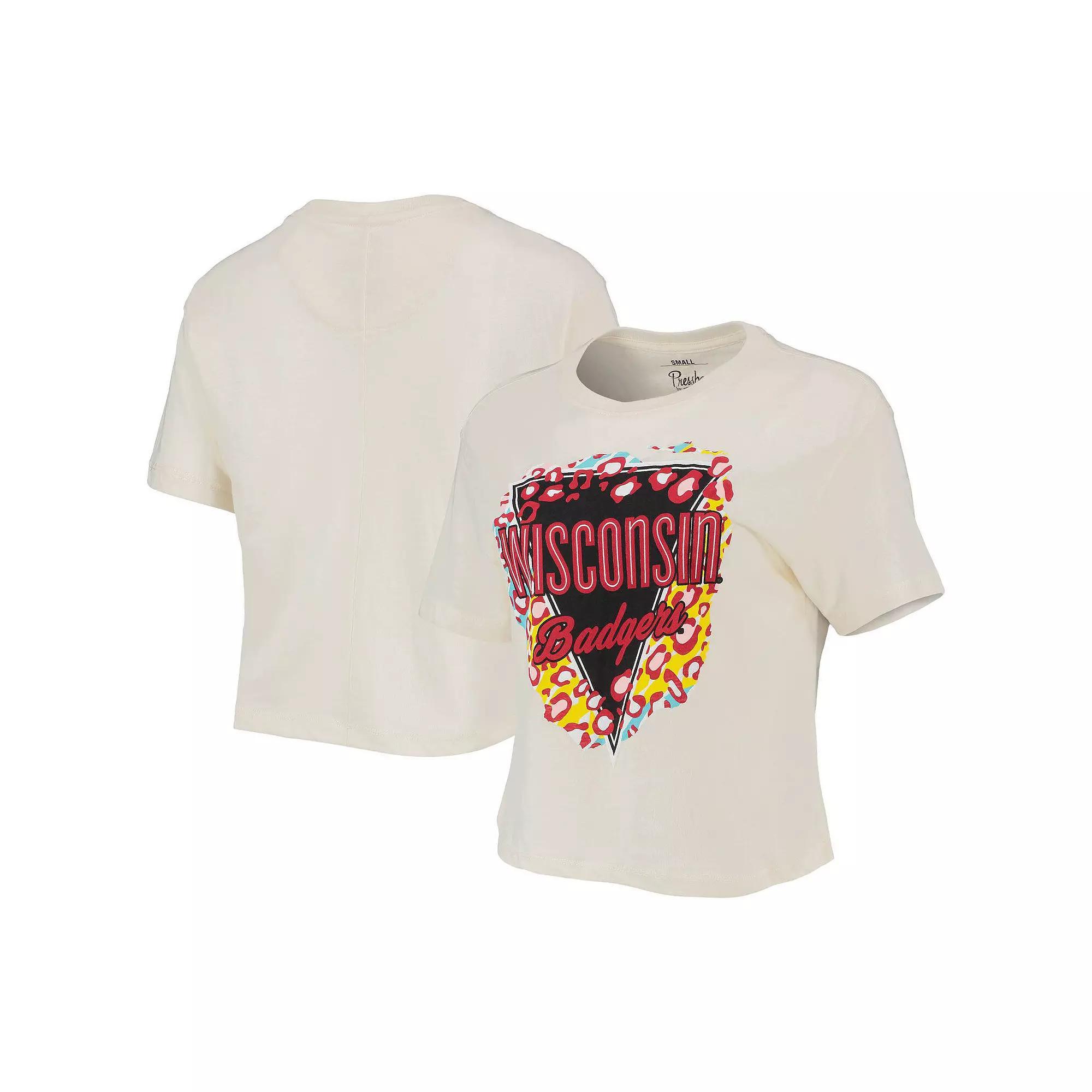 Women's Pressbox Cream Wisconsin Badgers Taylor Animal Print Cropped T-Shirt, Size: Medium, Beige Product Image
