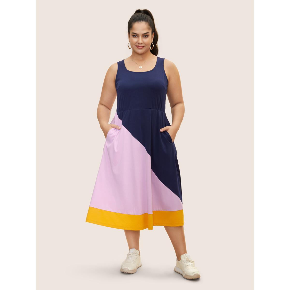 Plus Size Colorblock Contrast Square Neck Tank Dress Multicolor Women Casual Square Neck Sleeveless Curvy BloomChic 18-20/2X Product Image