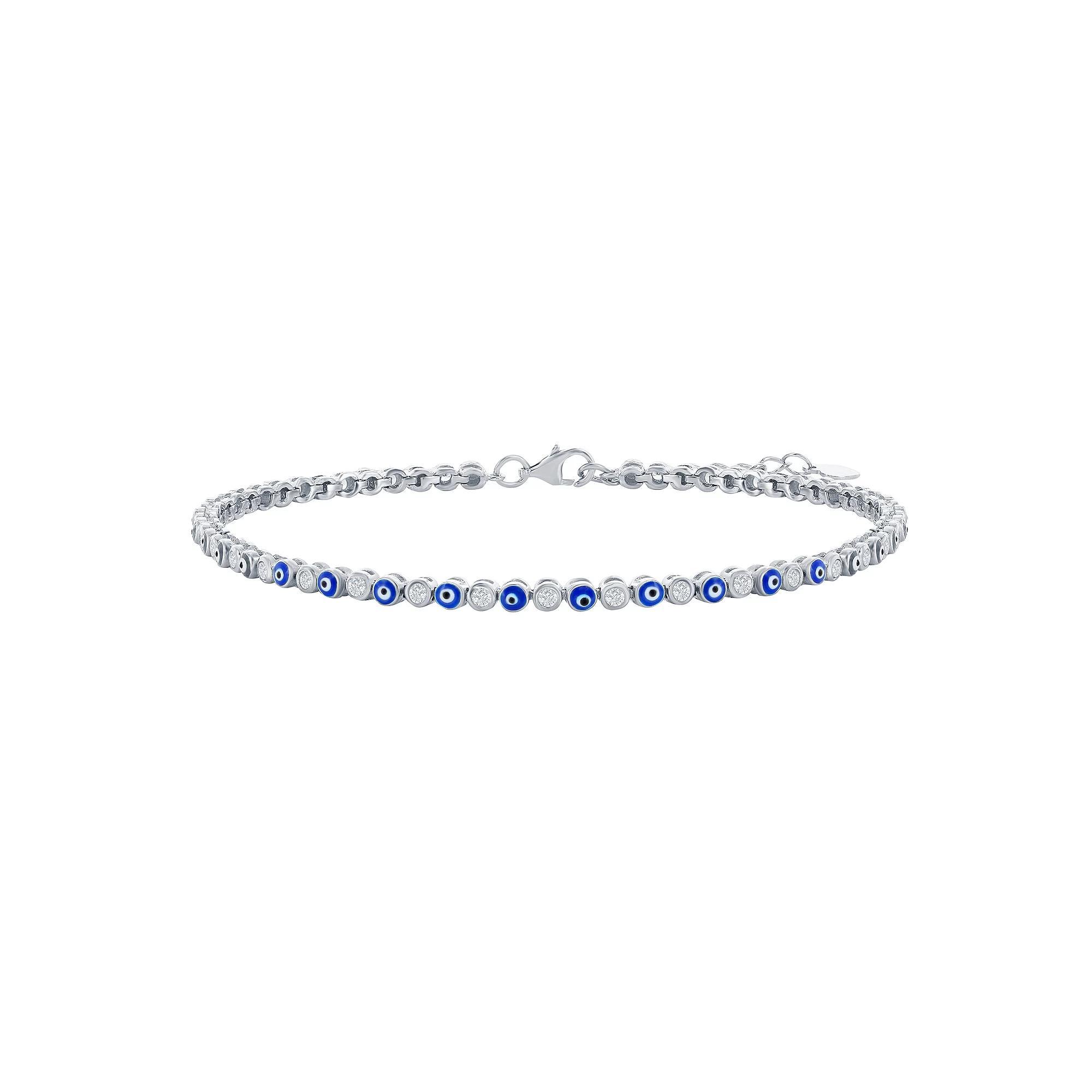 Sterling Silver Cubic Zirconia & Evil Eye Blue Enamel Tennis Anklet, Women's, Size: 9-10" ADJ Product Image