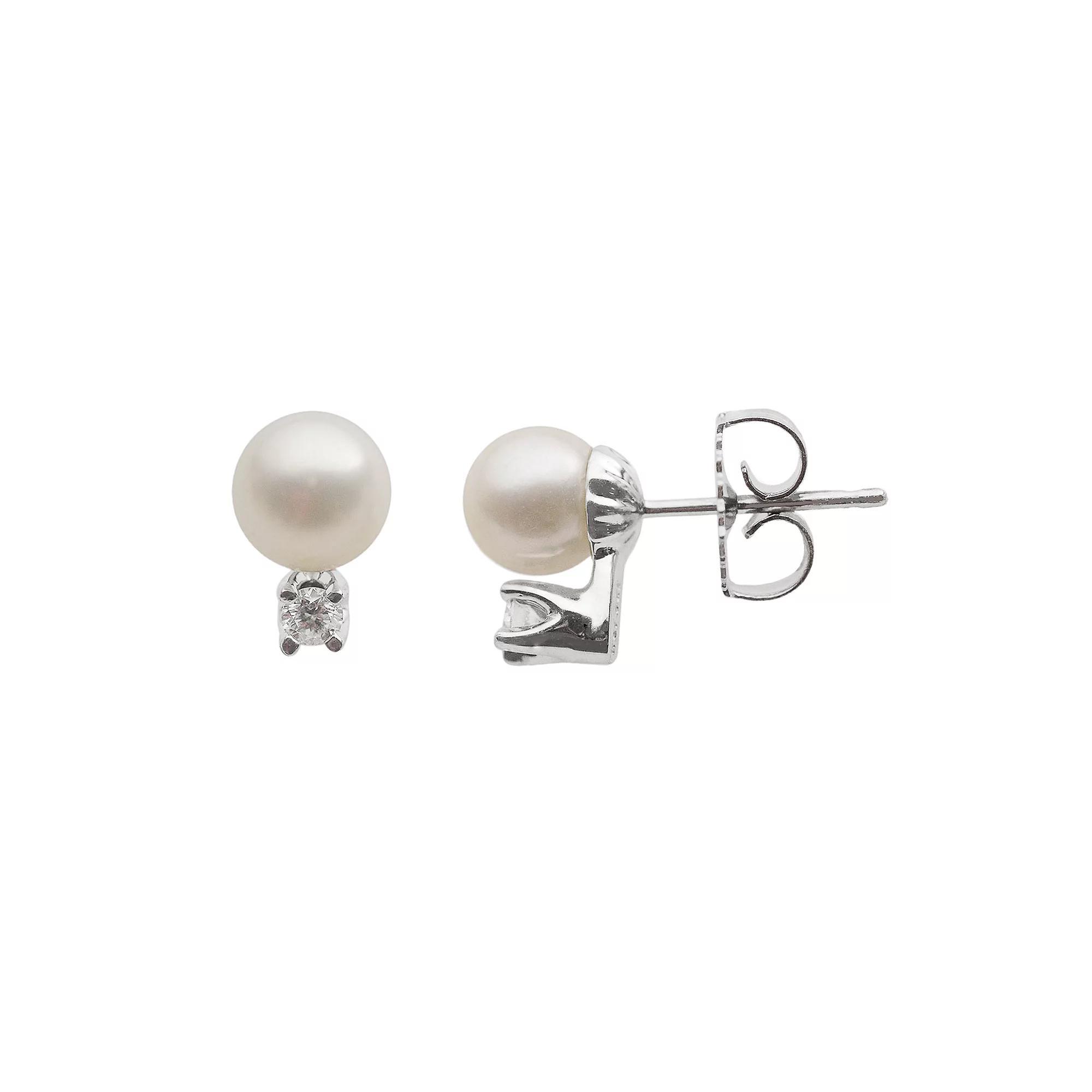 18k White Gold AA Akoya Cultured Pearl and 1/10-ct. T.W. Diamond Stud Earrings (6-6.5 mm), Womens Product Image