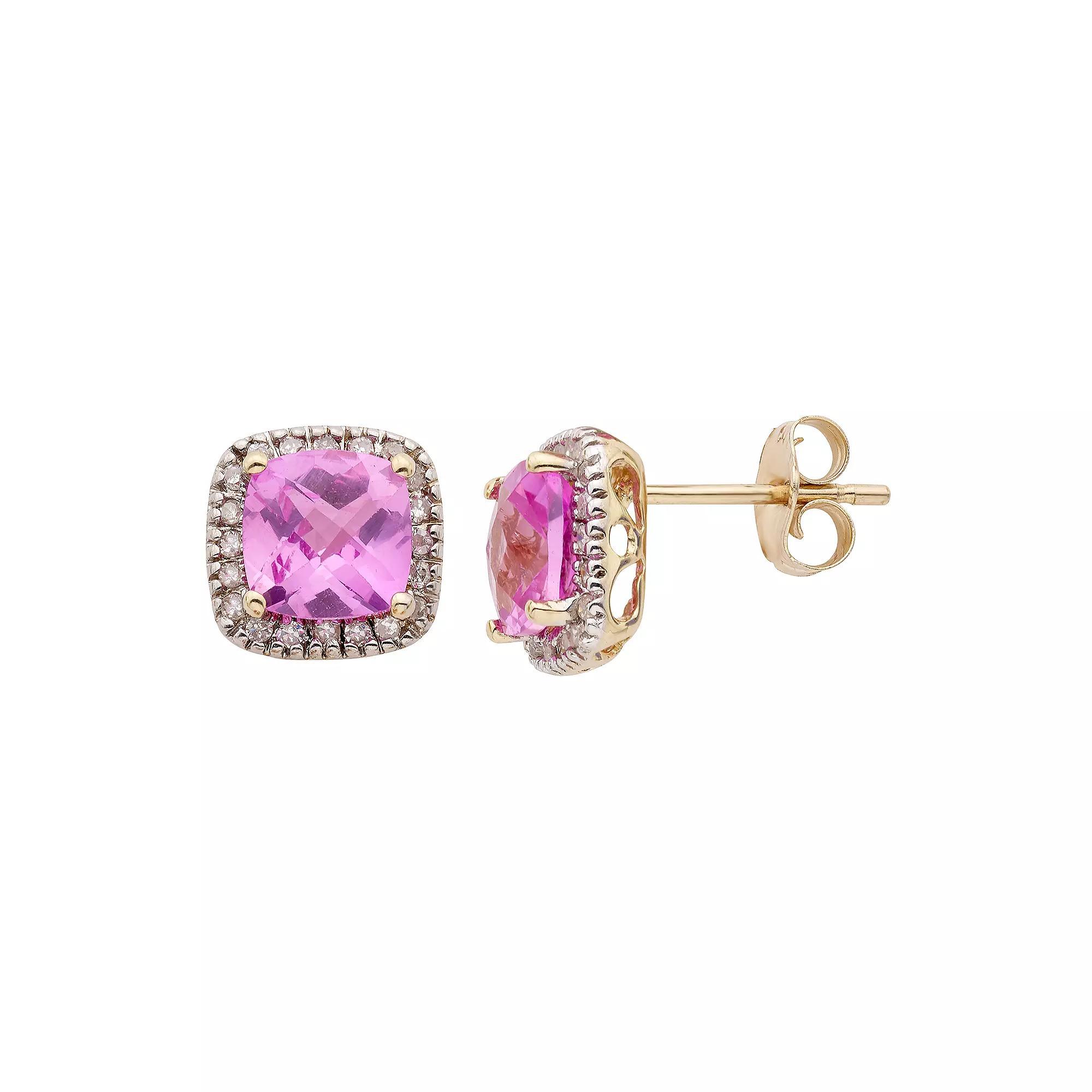Lab-Created Pink Sapphire and 1/6 Carat T.W. Diamond 10K Gold Halo Button Stud Earrings, Womens, White Product Image