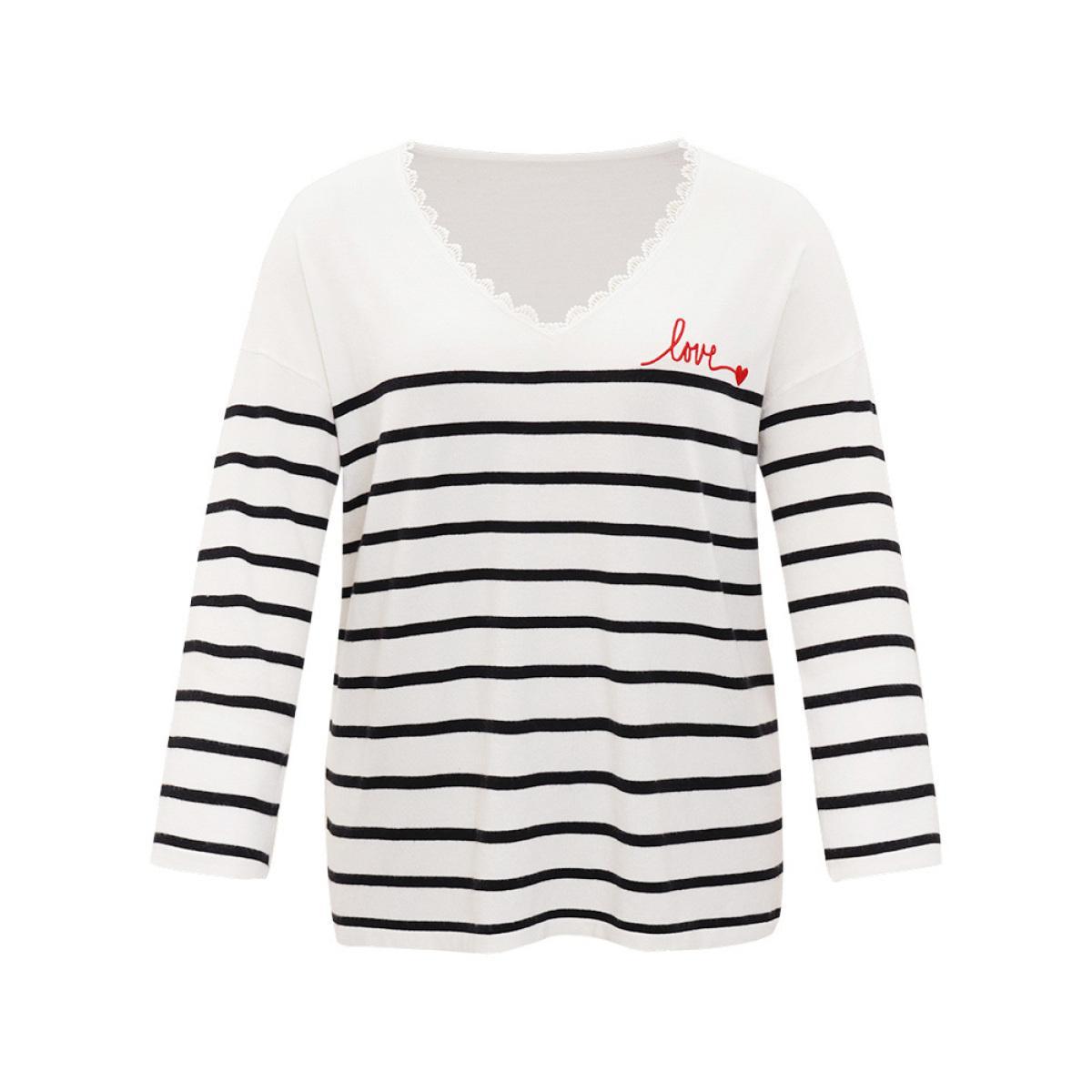 Plus Size Supersoft Essentials Striped Letter Embroidered Lace Panel Pullover Beige Women Casual Loose Long Sleeve V-neck Dailywear Pullovers BloomChic 28/5X Product Image