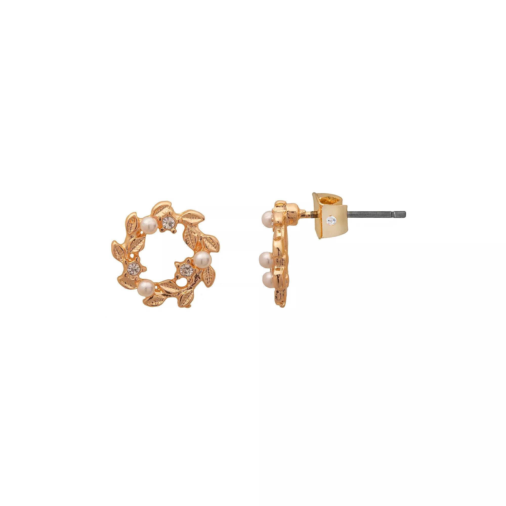 LC Lauren Conrad Gold Tone Crystal & Simulated Pearl Wreath Stud Earrings, Women's, White Product Image