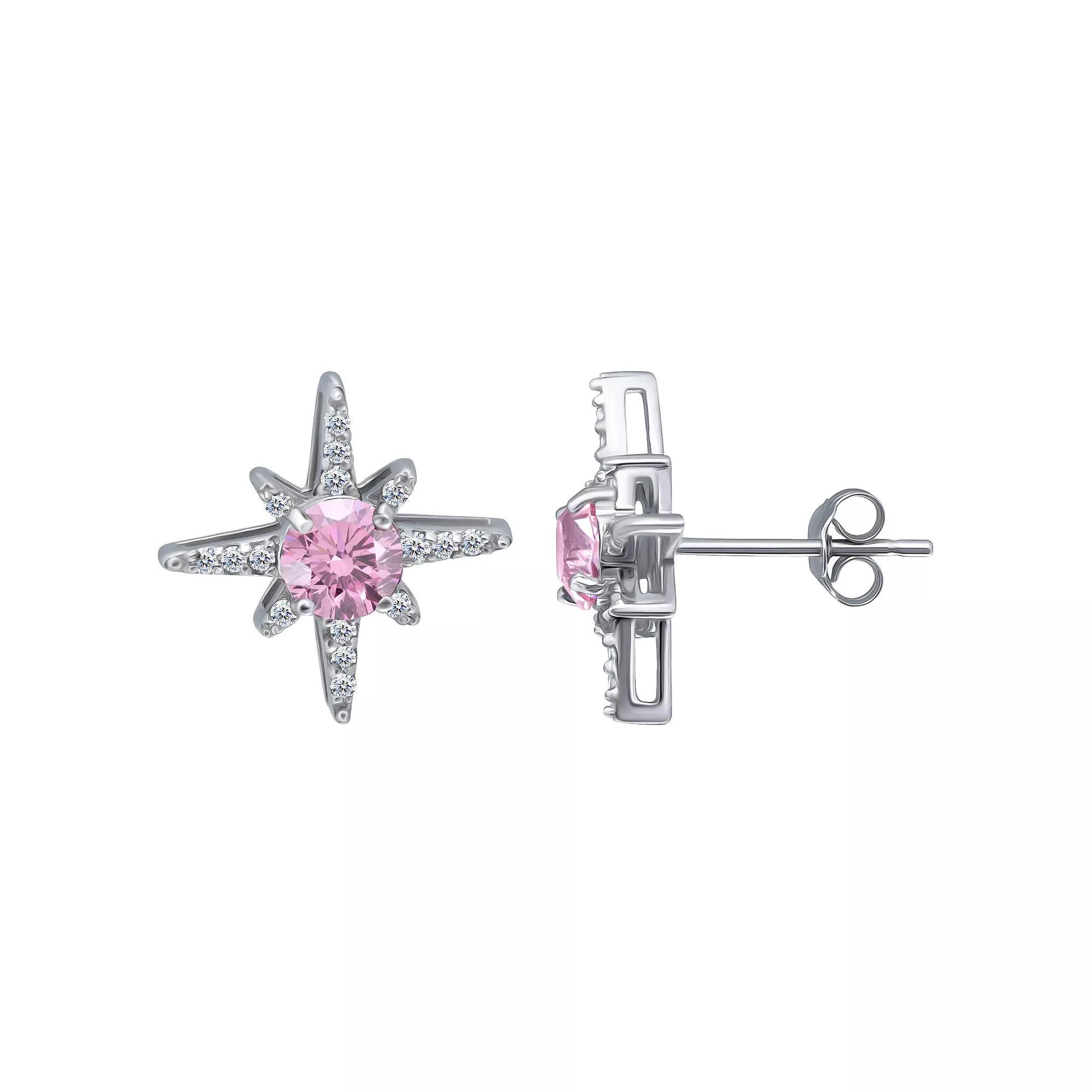 Aleure Precioso Sterling Silver Clear & Pink Cubic Zirconia Star Stud Earrings, Womens, Silver Tone Pink Product Image