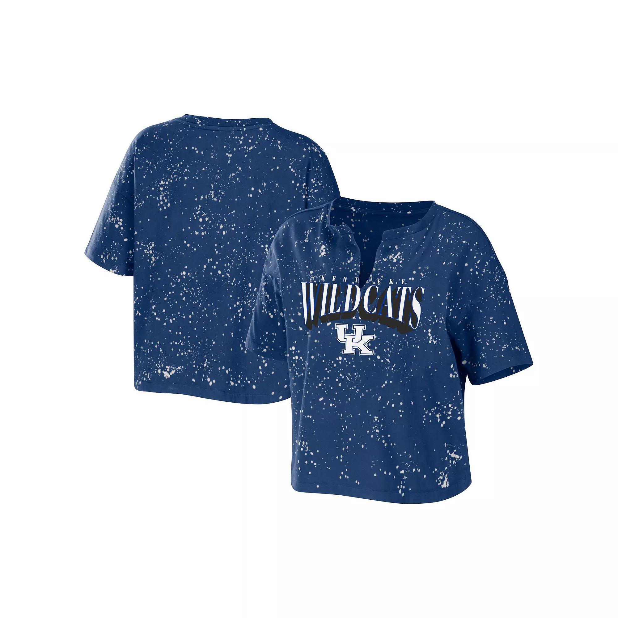 Women's WEAR by Erin Andrews Royal Kentucky Wildcats Bleach Wash Splatter Cropped Notch Neck T-Shirt, Size: Medium, Blue Product Image