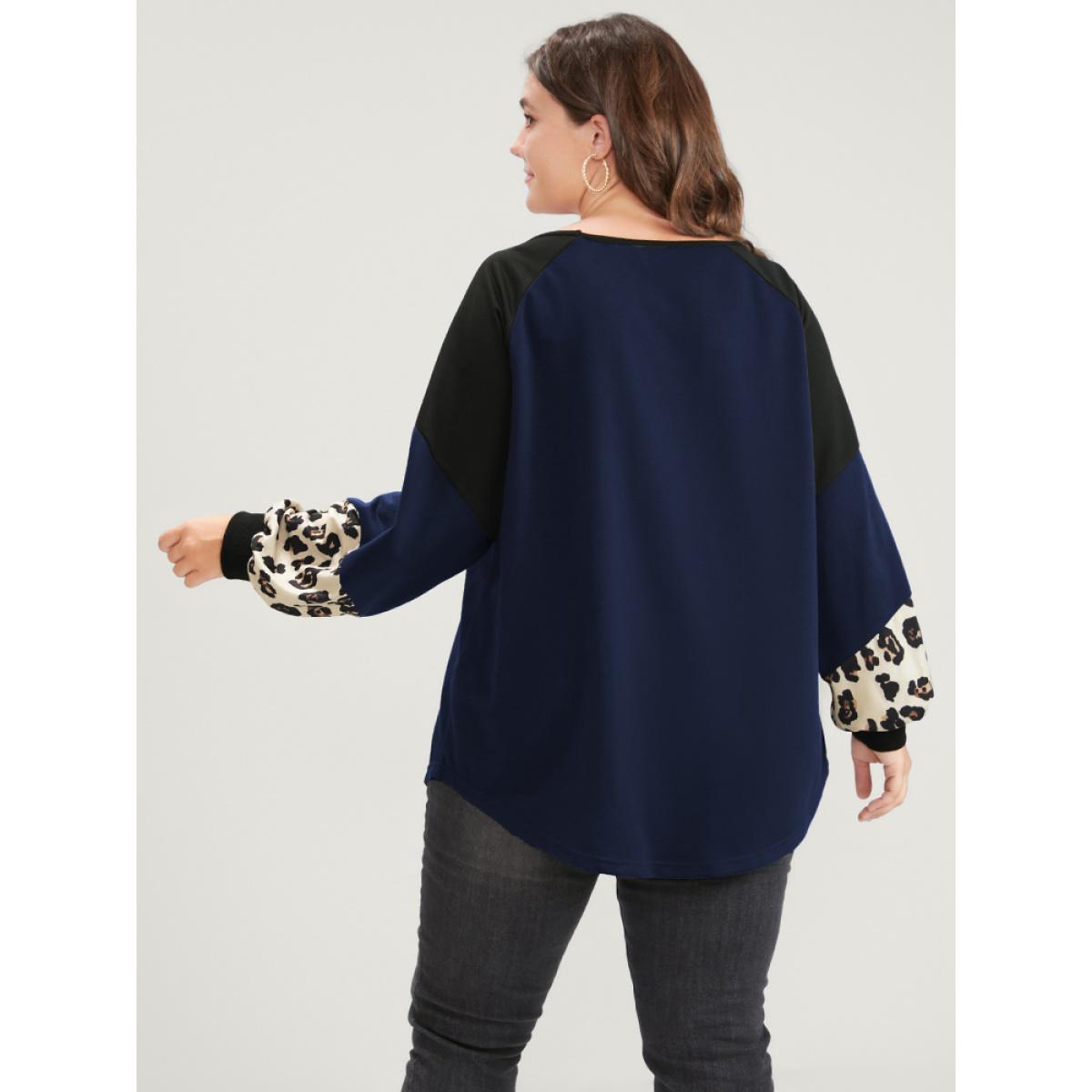 Plus Size Leopard Colorblock Contrast Round Neck Sweatshirt Women DarkBlue Casual Patchwork Round Neck Dailywear Sweatshirts BloomChic 12/L Product Image