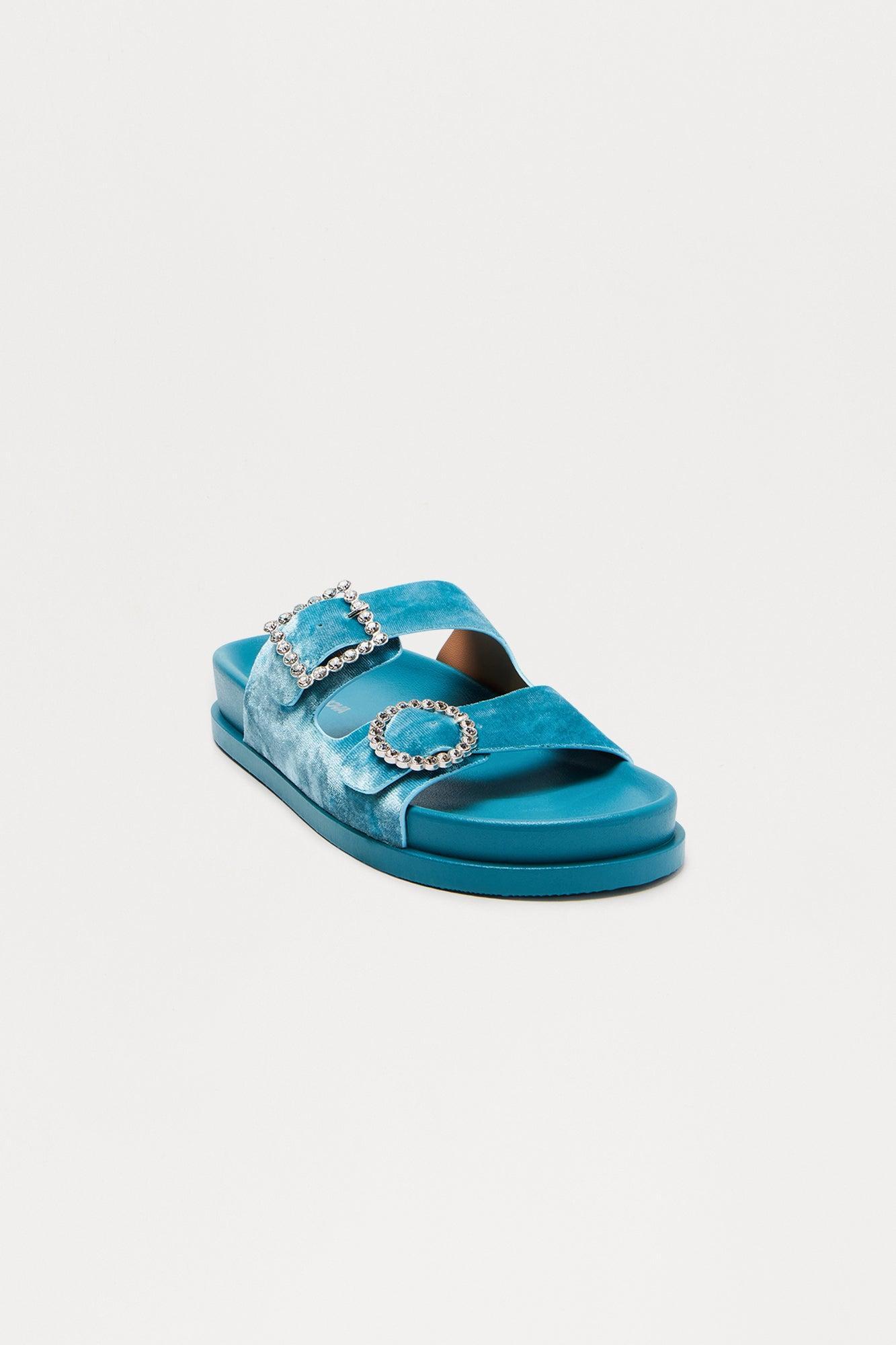 Ivona Rhinestone Buckle Velvet Sandals - Blue Product Image
