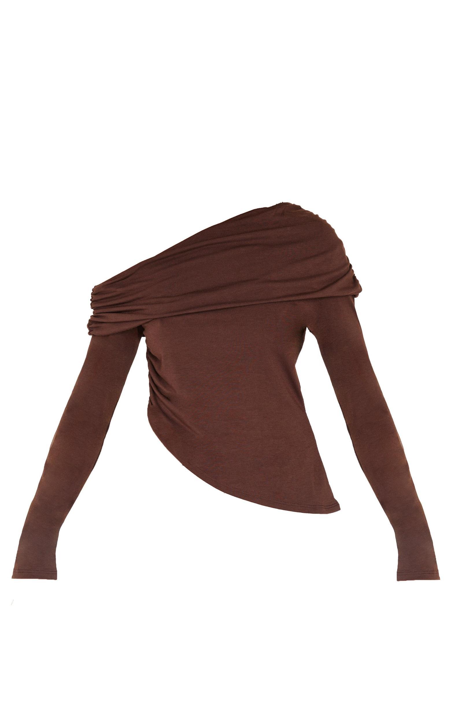 Chocolate Contour Jersey Fold Over Detail Bardot Long Sleeve Top Product Image