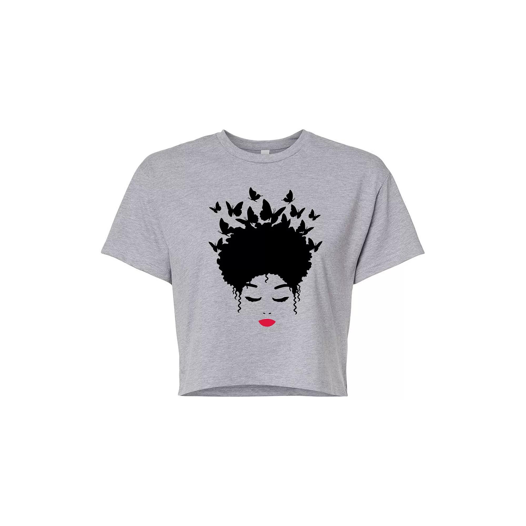 Juniors Woman of Color Black Butterfly Hair Cropped Tee, Girls Grey Gray Product Image