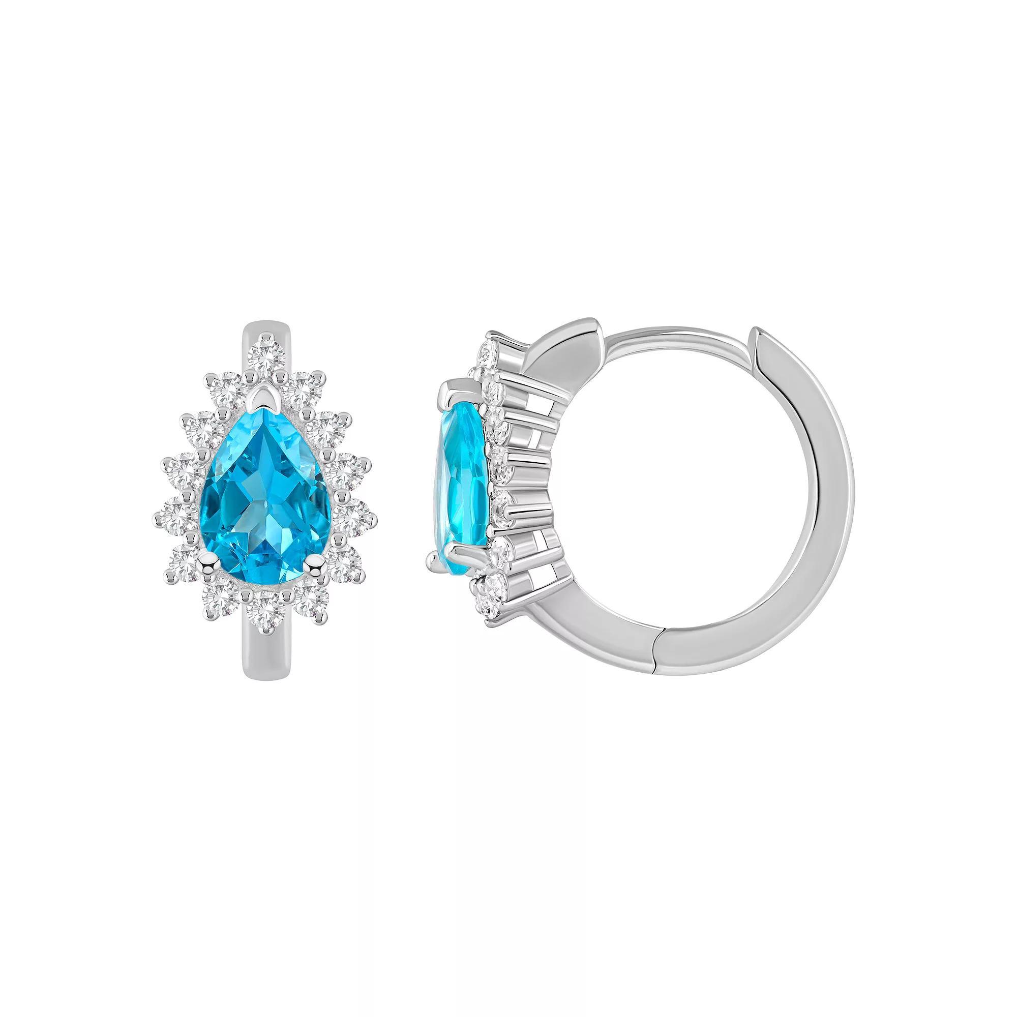 Celebration Gems Sterling Silver Pear Shape Gemstone & White Topaz Halo Huggie Hoop Earrings, Women's, Blue Topaz Product Image