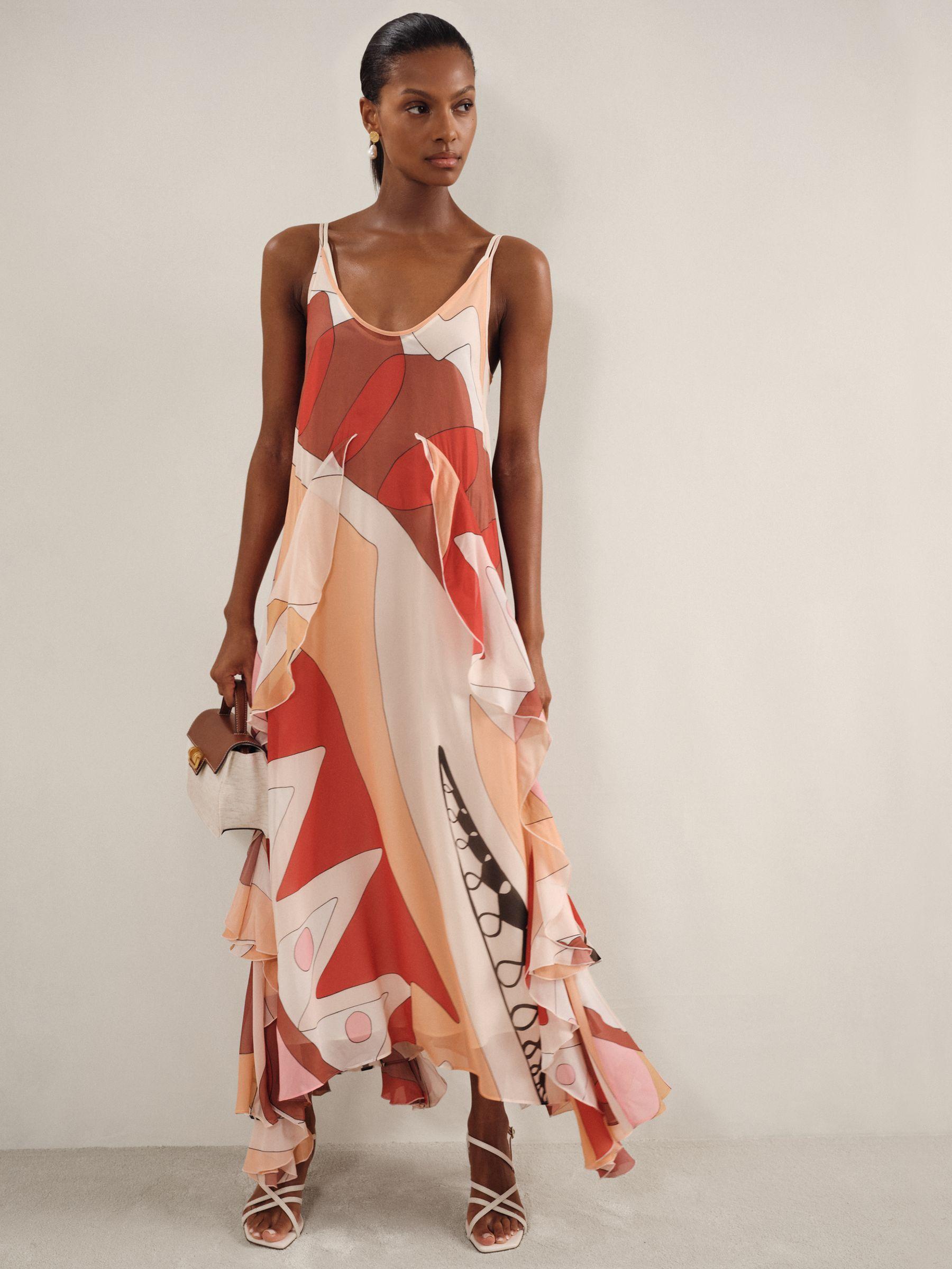 Printed Ruffle Trim Maxi Dress in Cream/Red Product Image