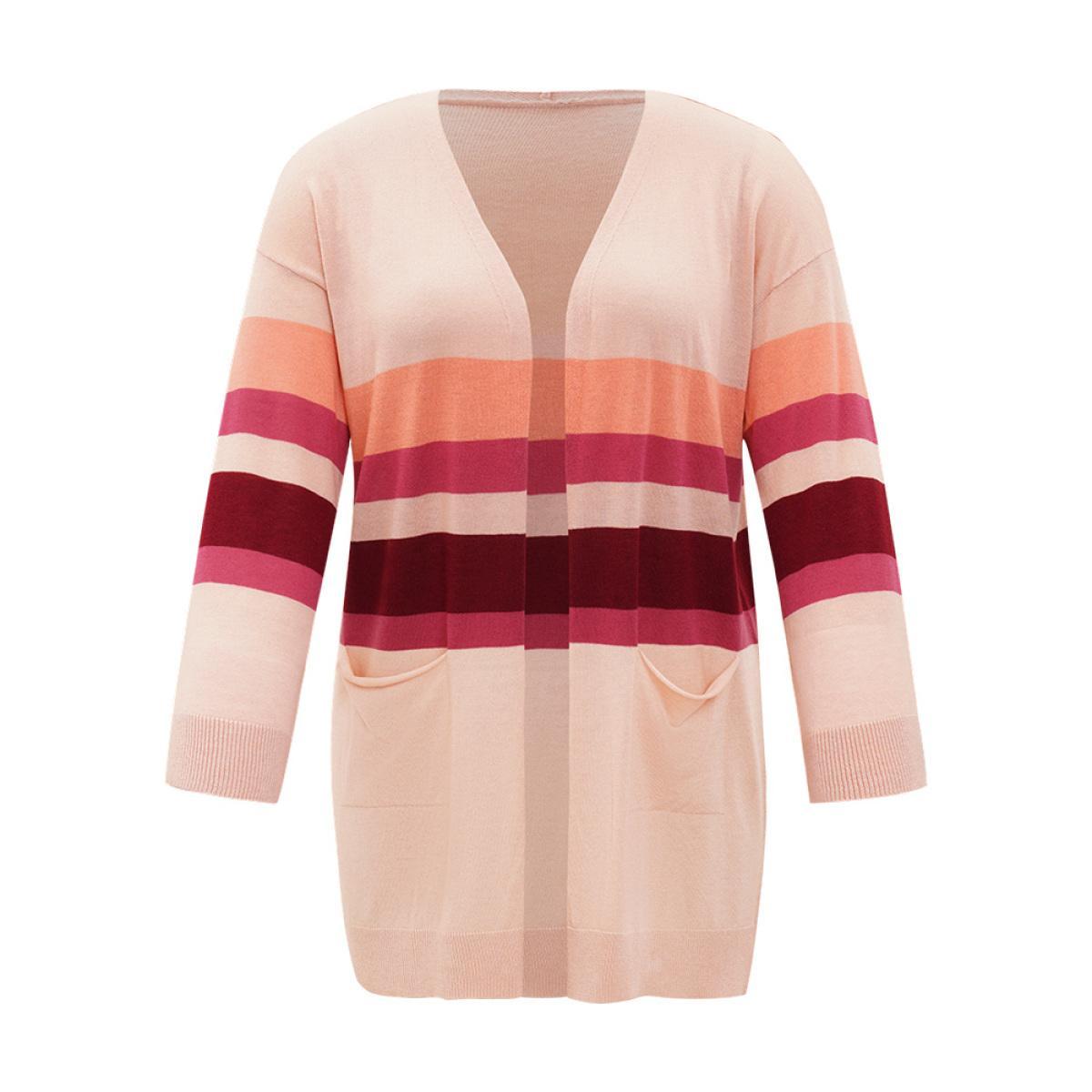 Plus Size Supersoft Essentials Colorblock Open Front Tunic Pocket Cardigan DustyPink Women Casual Loose Long Sleeve Everyday Cardigans BloomChic 28/5X Product Image