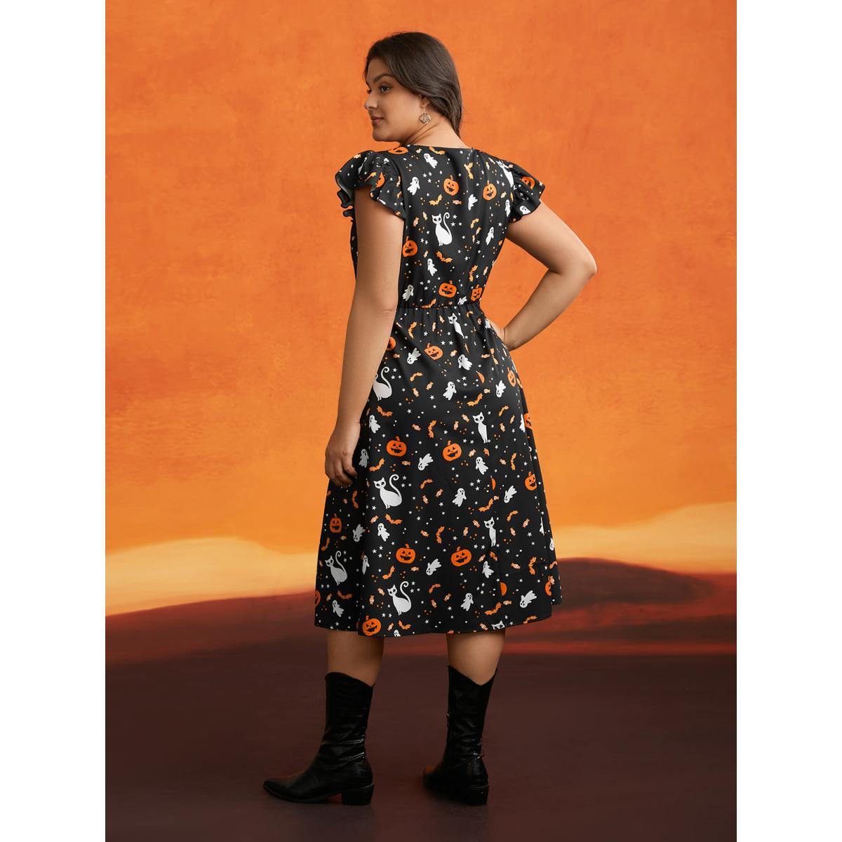 Plus Size Pumpkin Printed Ruffle Sleeves Midi Dress Black Women Casual Ruffles Party Curvy Bloomchic 14-16/1X Product Image