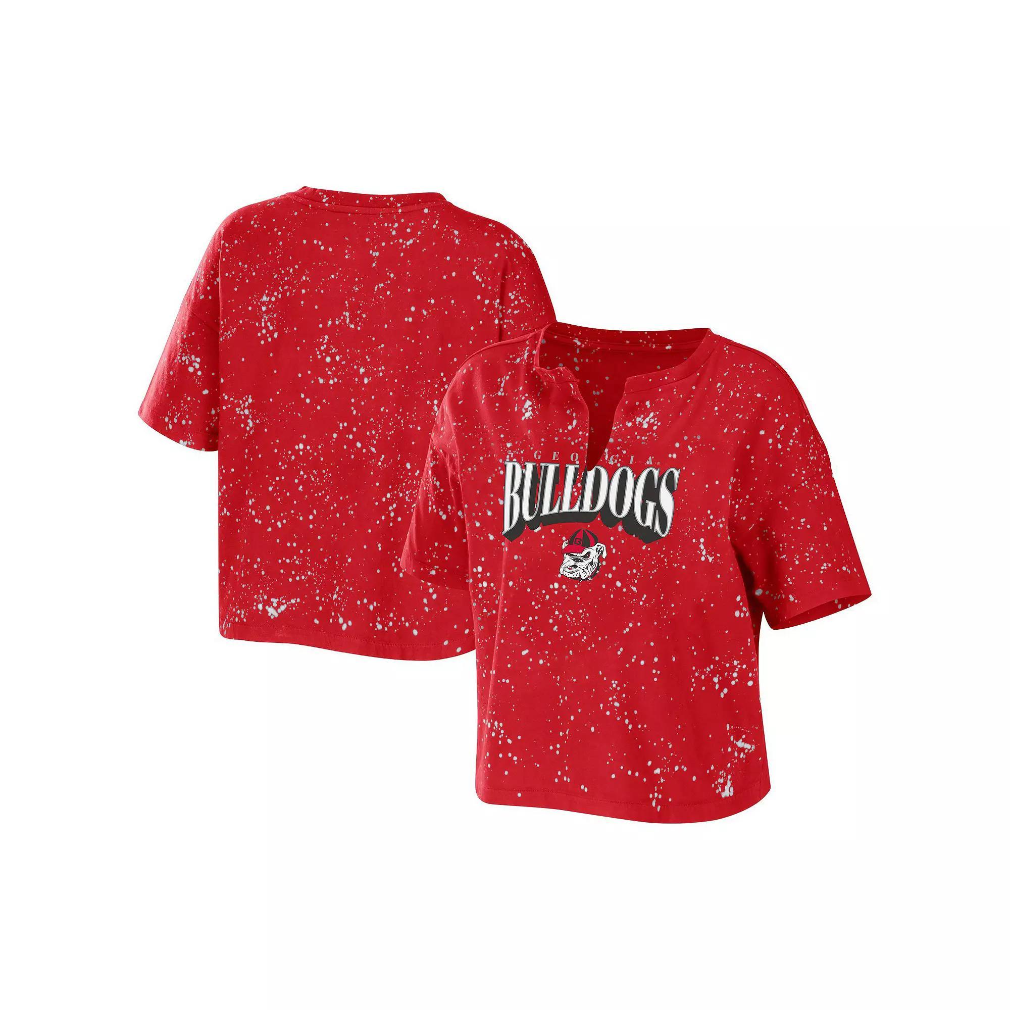 Women's WEAR by Erin Andrews Red Georgia Bulldogs Bleach Wash Splatter Cropped Notch Neck T-Shirt, Size: Small Product Image