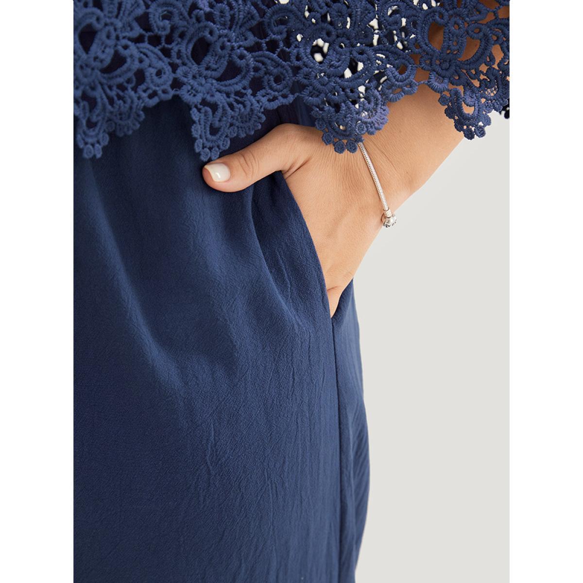 Plus Size Navy Plain Lace Trim Pocket Cold Shoulder Jumpsuit Women Elegant Short sleeve Cold Shoulder Dailywear Loose Jumpsuits BloomChic 10/M Product Image