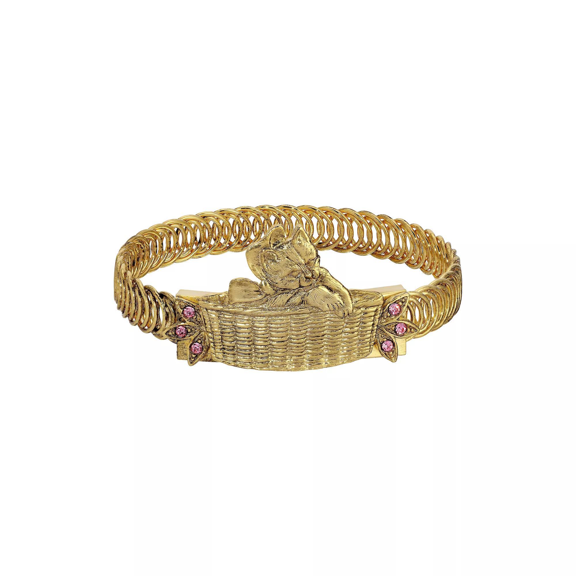 1928 Gold Tone Crystal Cat In Basket Bracelet, Womens, Pink Product Image
