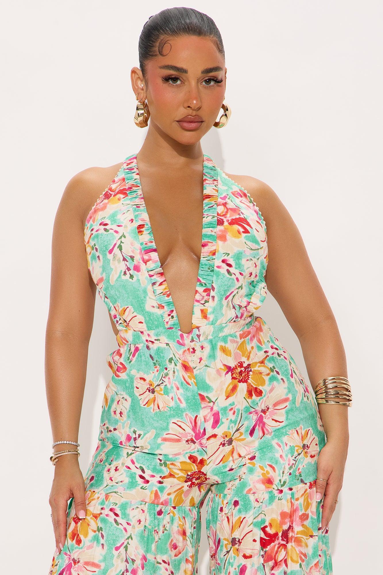 Diana Floral Wide Leg Jumpsuit - Aqua/Combo Product Image