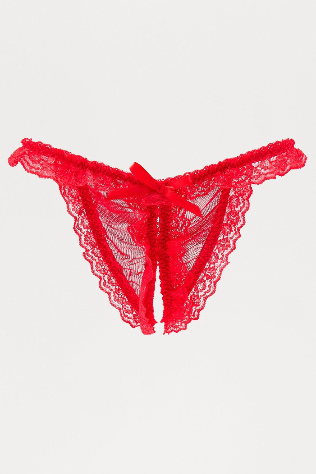 Mia Lace Crotchless Thong Panty - Red Product Image