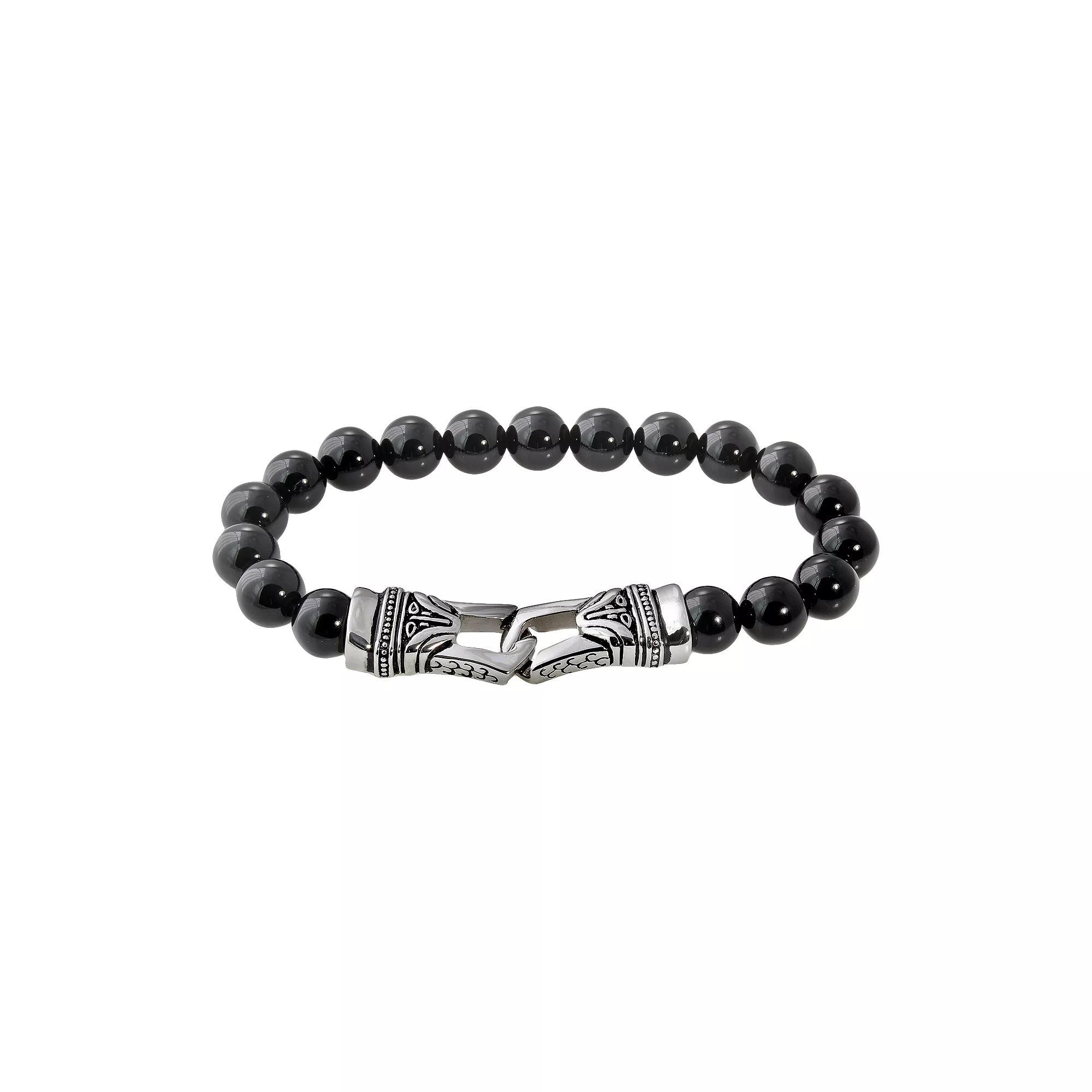 Stainless Steel Onyx Bead Stretch Bracelet - Men, Men's, Size: 8.5", Black Product Image
