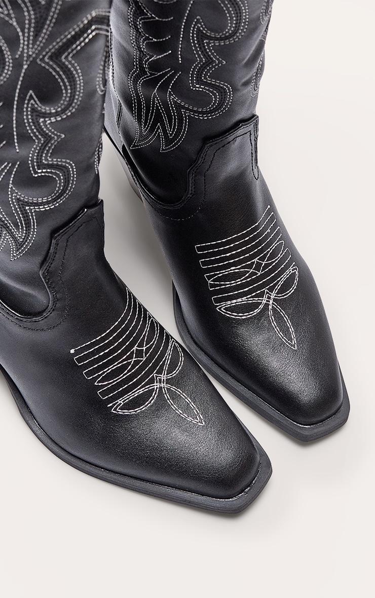 Black PU Point Toe Calf High Western Boots Product Image
