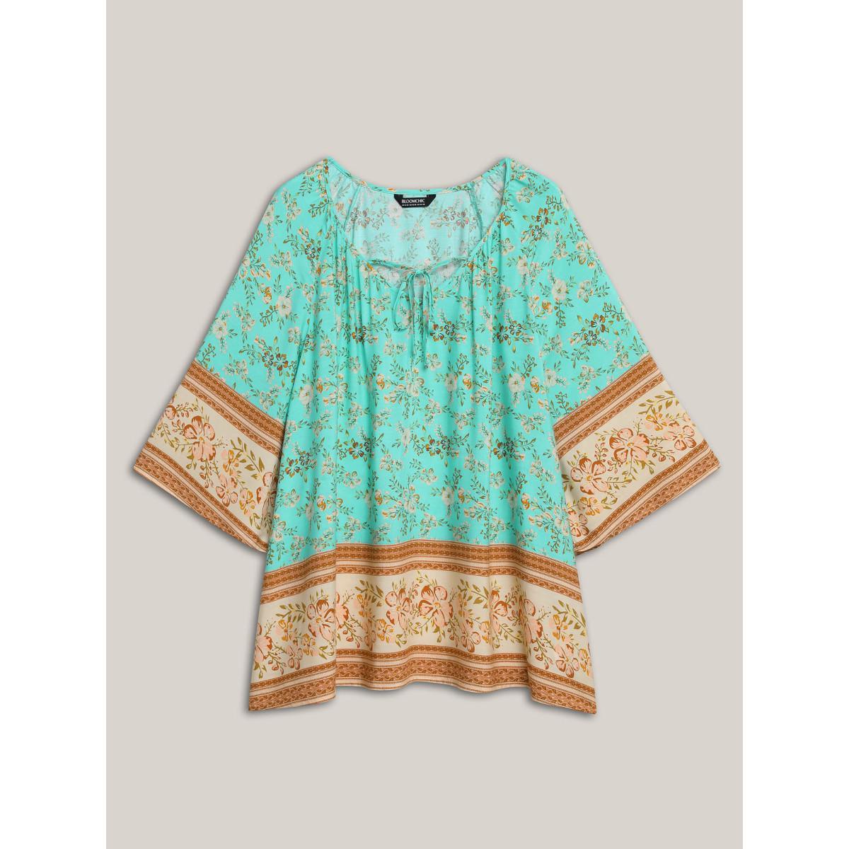 Plus Size Malachitegreen Boho Print Neck Ties Relaxed Fit Shirt Women Resort Elbow-length sleeve V-neck Vacation Blouses BloomChic 30/6X Product Image