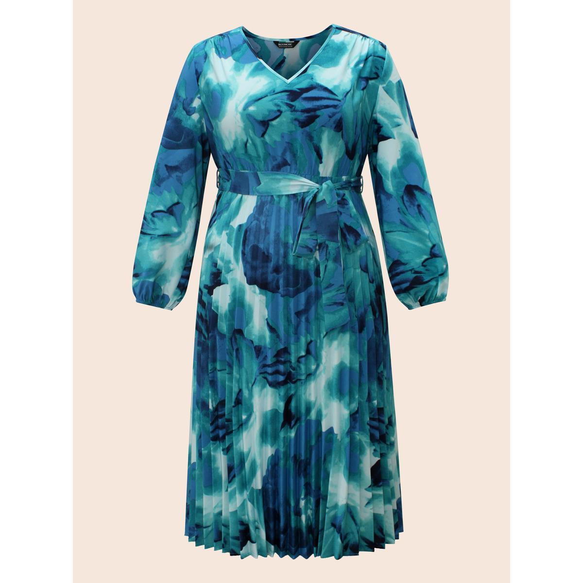 Plus Size Watercolor Floral Pleated Belted Dress DarkBlue Women Elegant Belted V-neck Long Sleeve Curvy BloomChic 30/6X Product Image