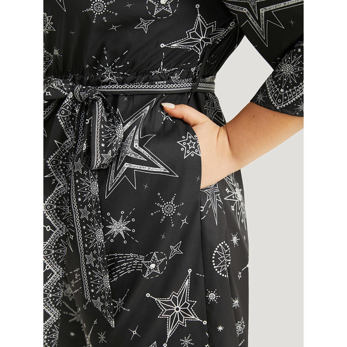 Plus Size Black Halloween Star Print Belted V Neck Jumpsuit Women Elegant Elbow-length sleeve V-neck Festival-Halloween Loose Jumpsuits BloomChic 30/6X Product Image