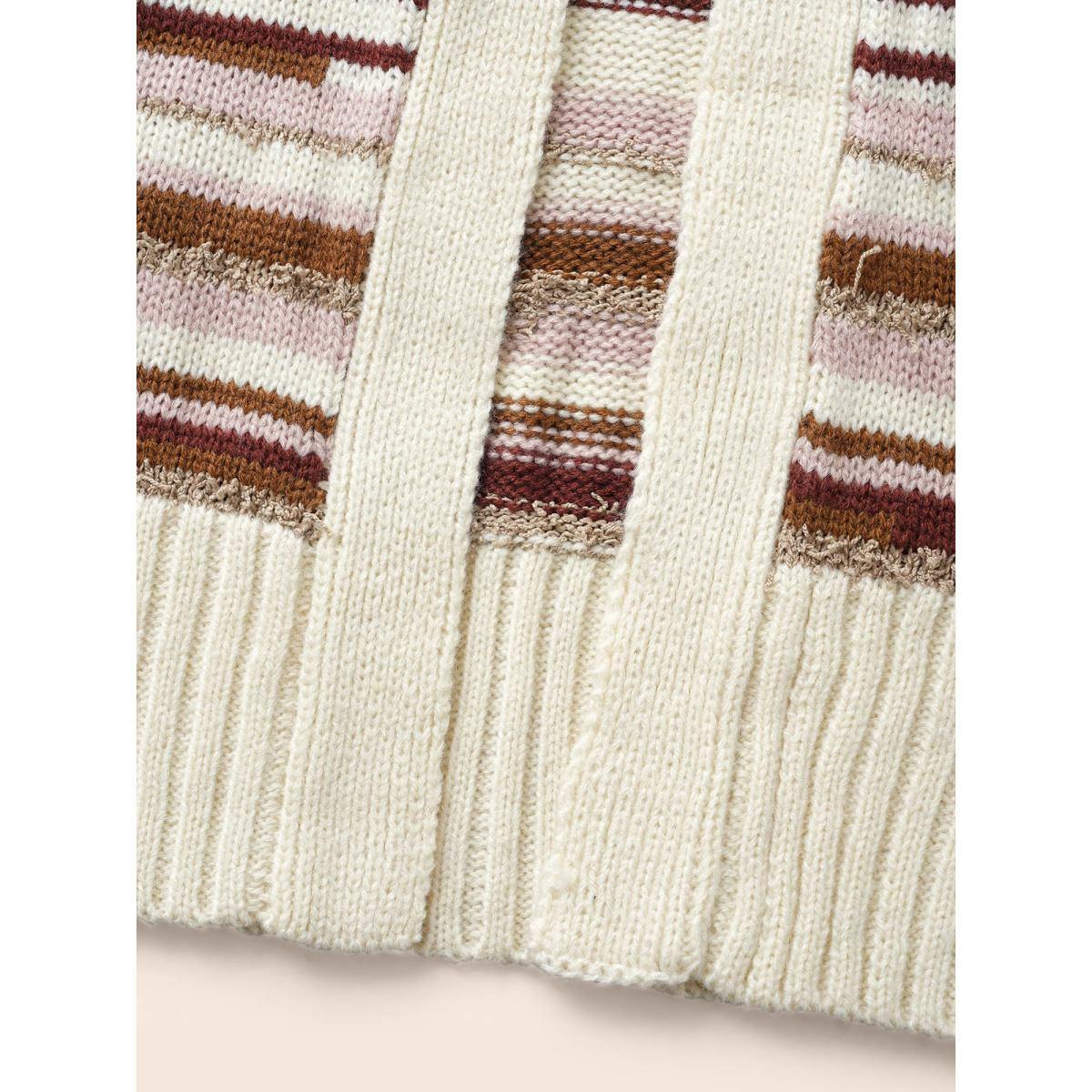 Plus Size Striped Kimono Collar Pocket Cardigan Beige Women Casual Loose Long Sleeve Everyday Cardigans BloomChic 28/5X Product Image