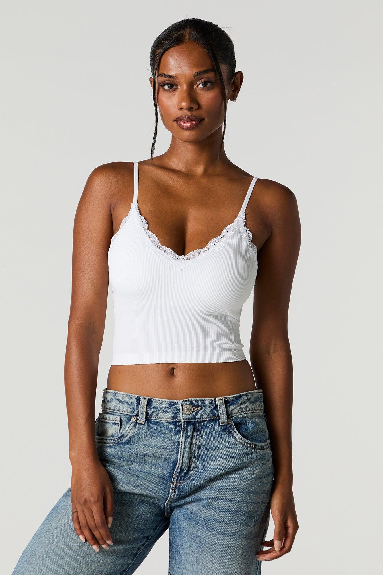 Seamless Ribbed Lace Trim Cami with Built-In Bra Cups Female Product Image