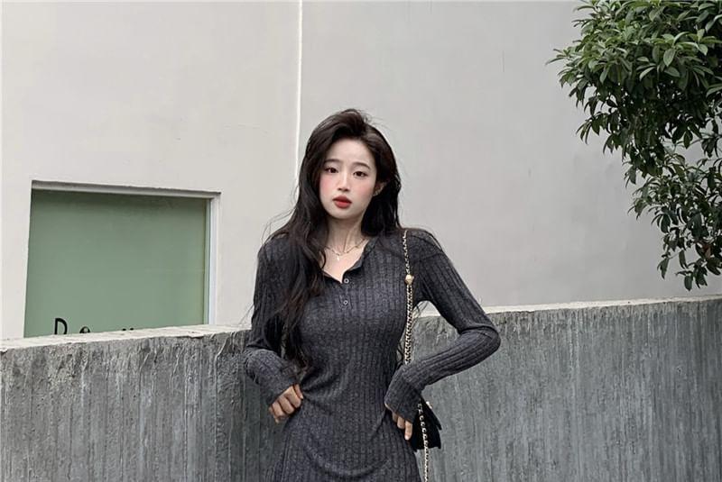 Long Sleeve Henley Ribbed Maxi A-Line Dress Product Image