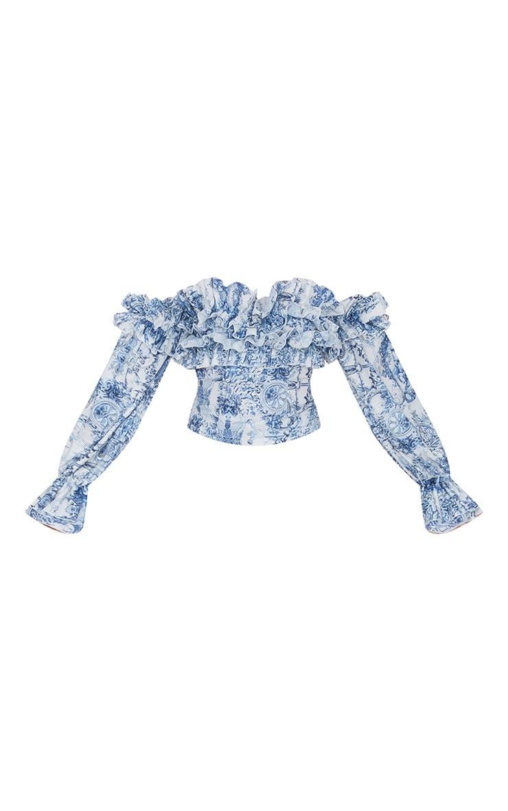Blue  Porcelain Print Ruffle Hem Off Shoulder Long Sleeve Blouse Product Image