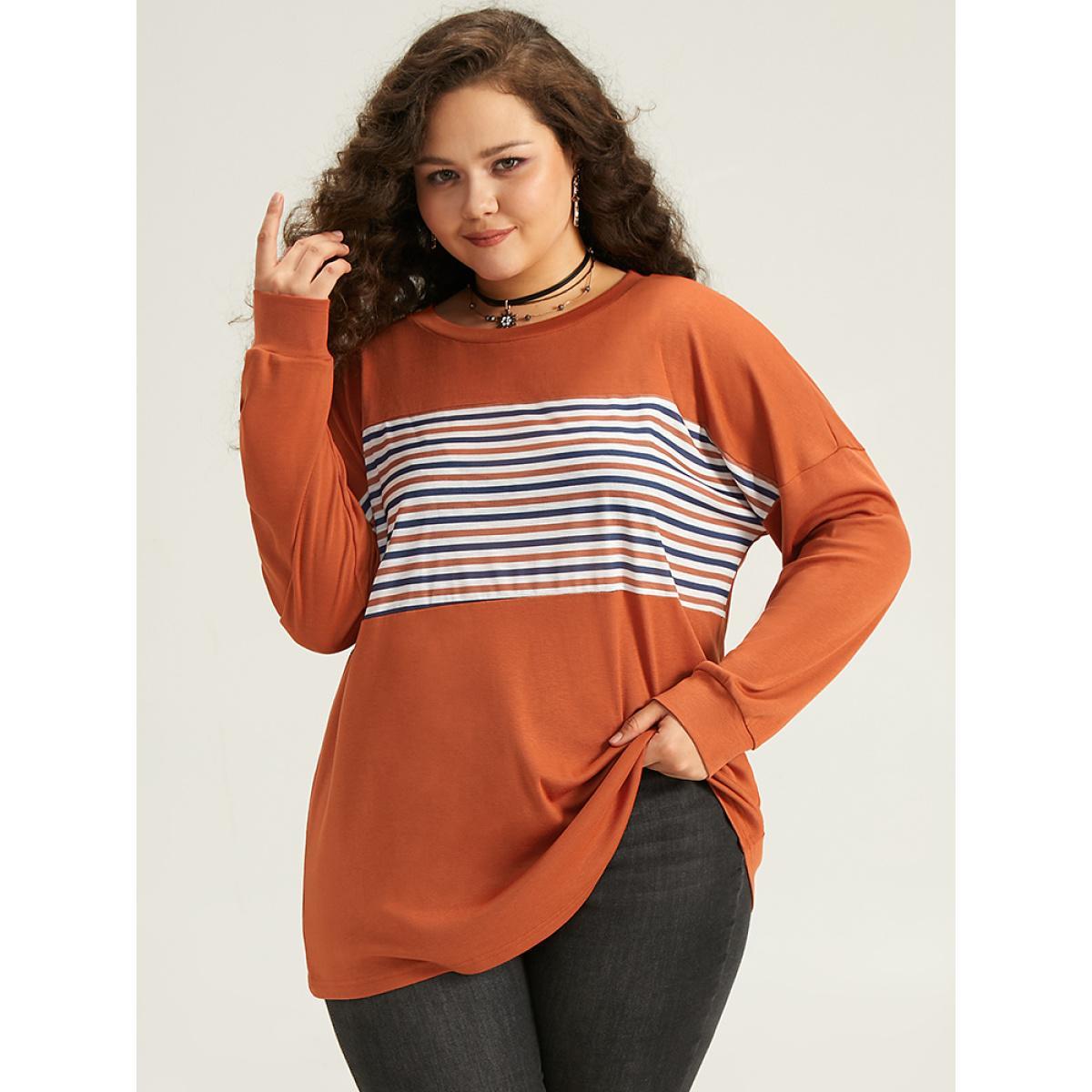 Plus Size Halloween Striped Patchwork Round Neck Drop Shoulder T-shirt Chocolate Women Casual Contrast Striped Round Neck Festival-Halloween T-shirts BloomChic 10/M Product Image
