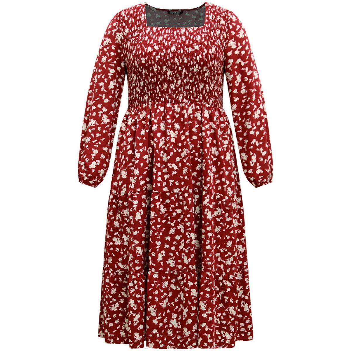 Plus Size Ditsy Floral Square Neck Shirred Gathered Dress Scarlet Women Casual Elastic cuffs Square Neck Long Sleeve Curvy Midi Dress BloomChic 14-16/1X Product Image