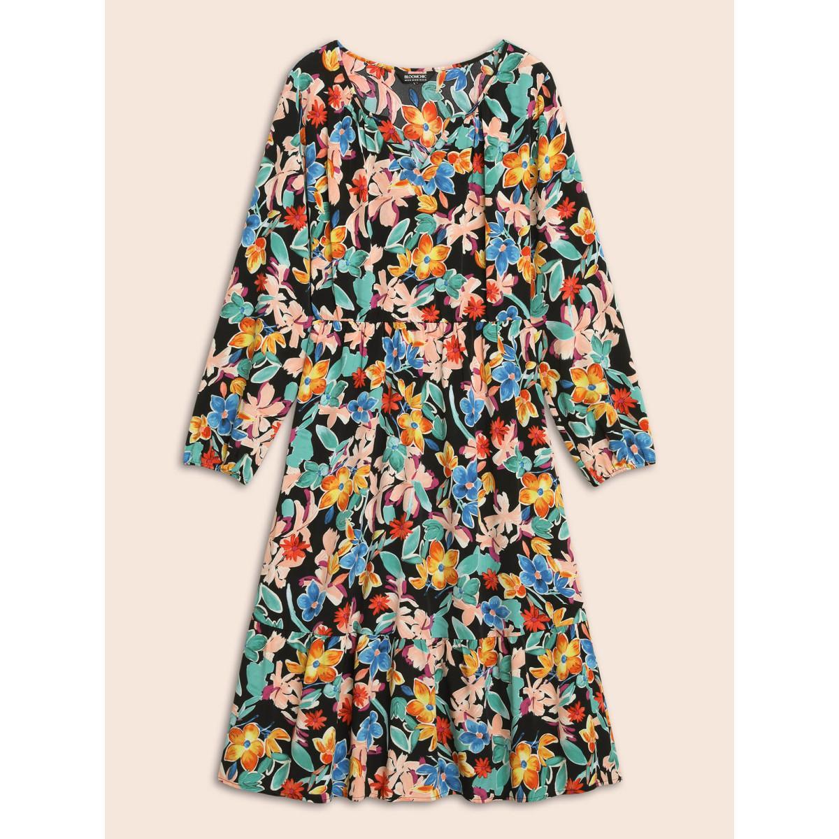 Plus Size Colored Floral Notched Elastic Waist Midi Dress Black Women Elegant Gathered Flat collar with V-notch Extra Long Sleeve Curvy BloomChic 10/M Product Image