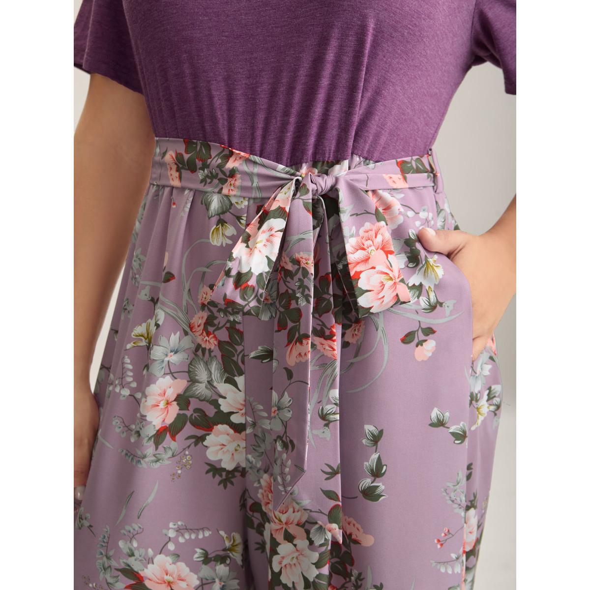 Plus Size Lilac Color Contrast Belted Panel Pockets Jumpsuit Women Elegant Short sleeve Square Neck Everyday-Elegant Loose Jumpsuits BloomChic 18-20/2X Product Image