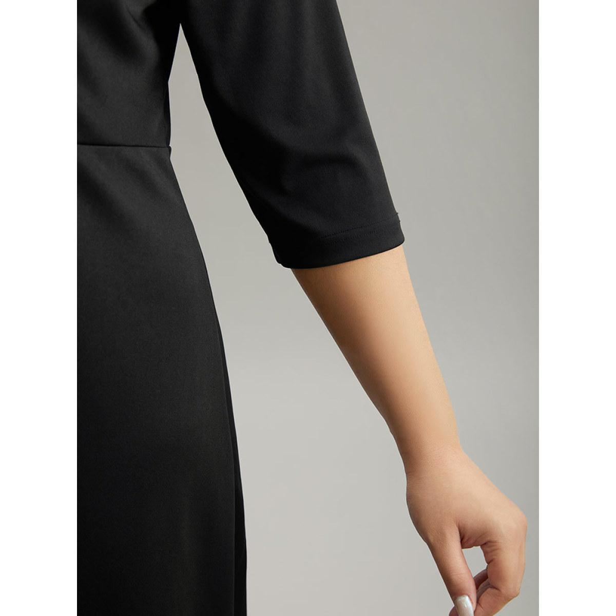 Plus Size Round Neck Sequin Pearl Beaded Dress Black Women Glamour Beaded Round Neck Elbow-length sleeve Curvy Midi Dress BloomChic 12/L Product Image